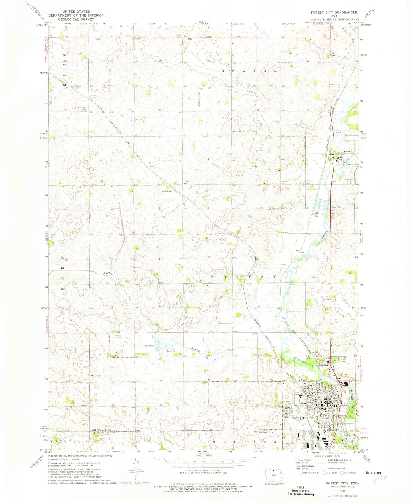 Classic USGS Forest City Iowa 7.5'x7.5' Topo Map Image