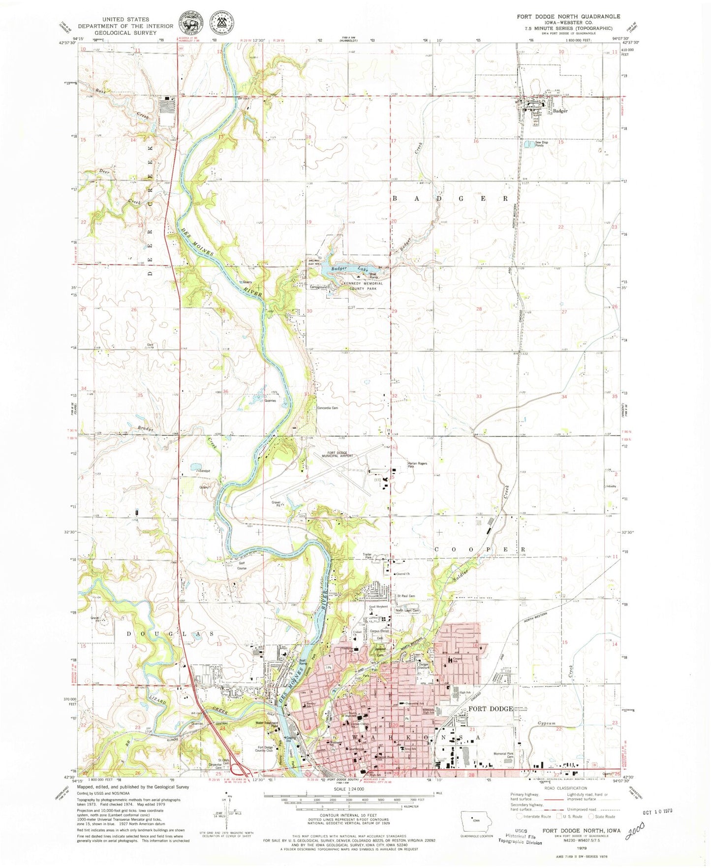 Classic USGS Fort Dodge North Iowa 7.5'x7.5' Topo Map Image