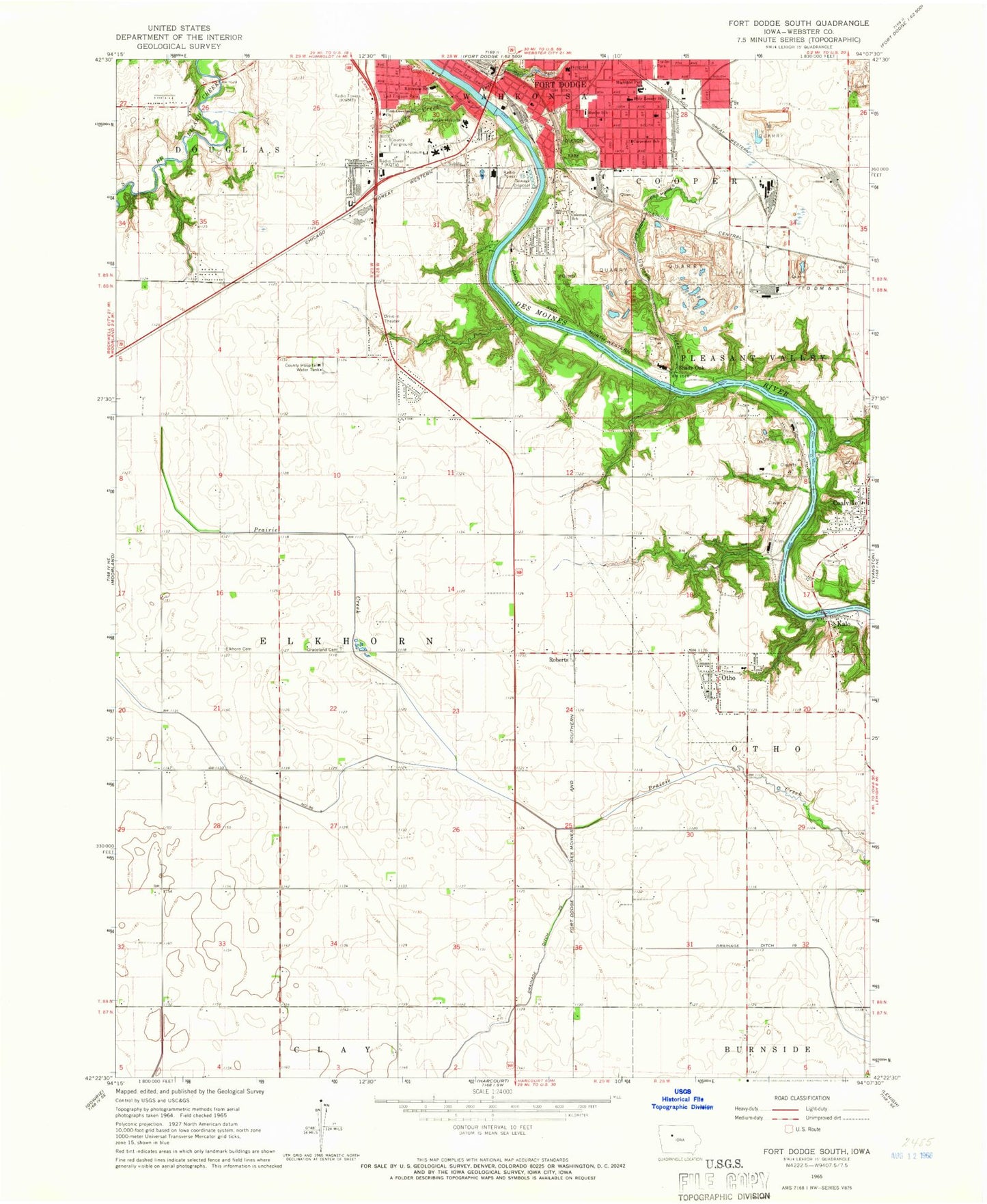 Classic USGS Fort Dodge South Iowa 7.5'x7.5' Topo Map Image