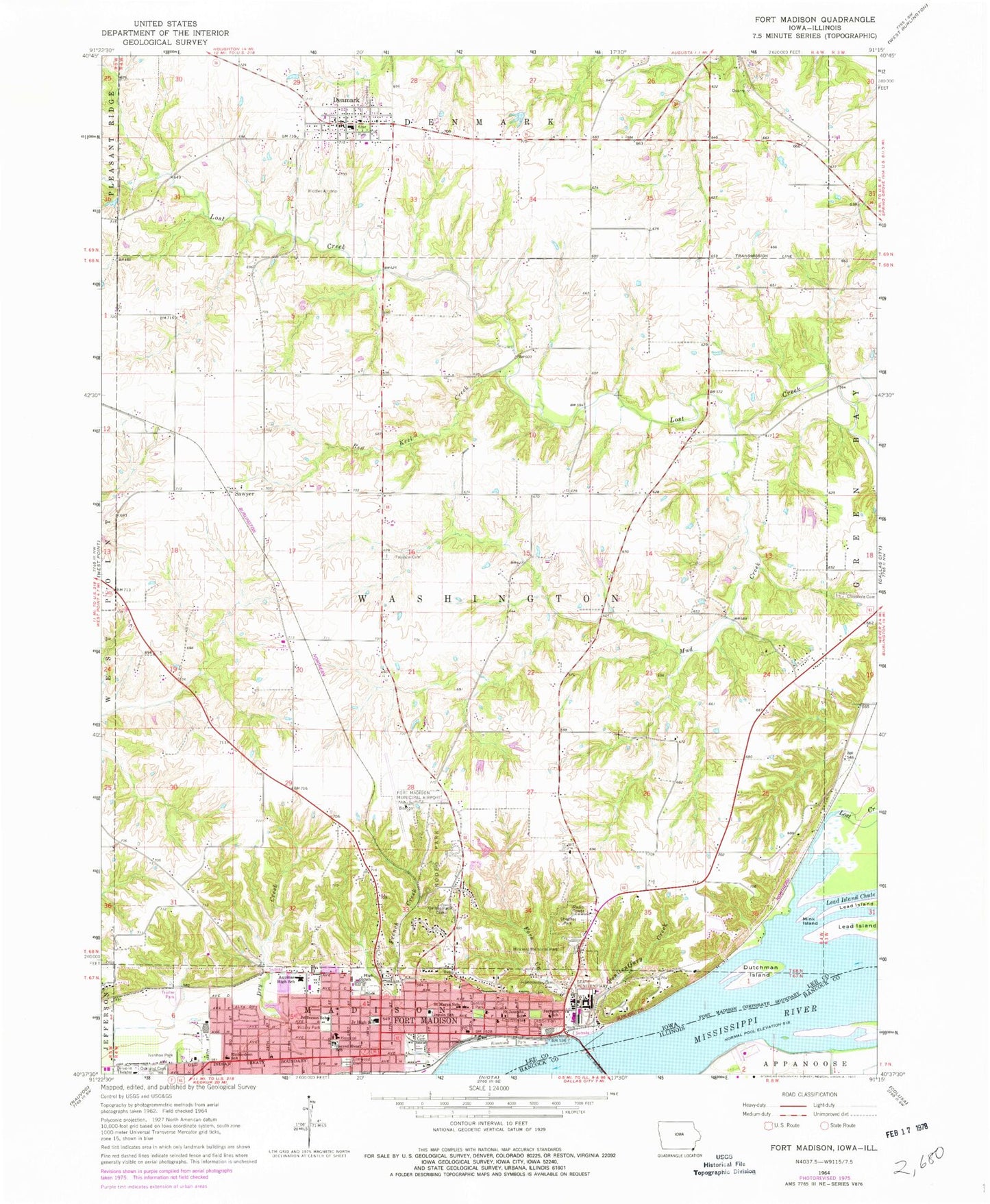 Classic USGS Fort Madison Iowa 7.5'x7.5' Topo Map Image