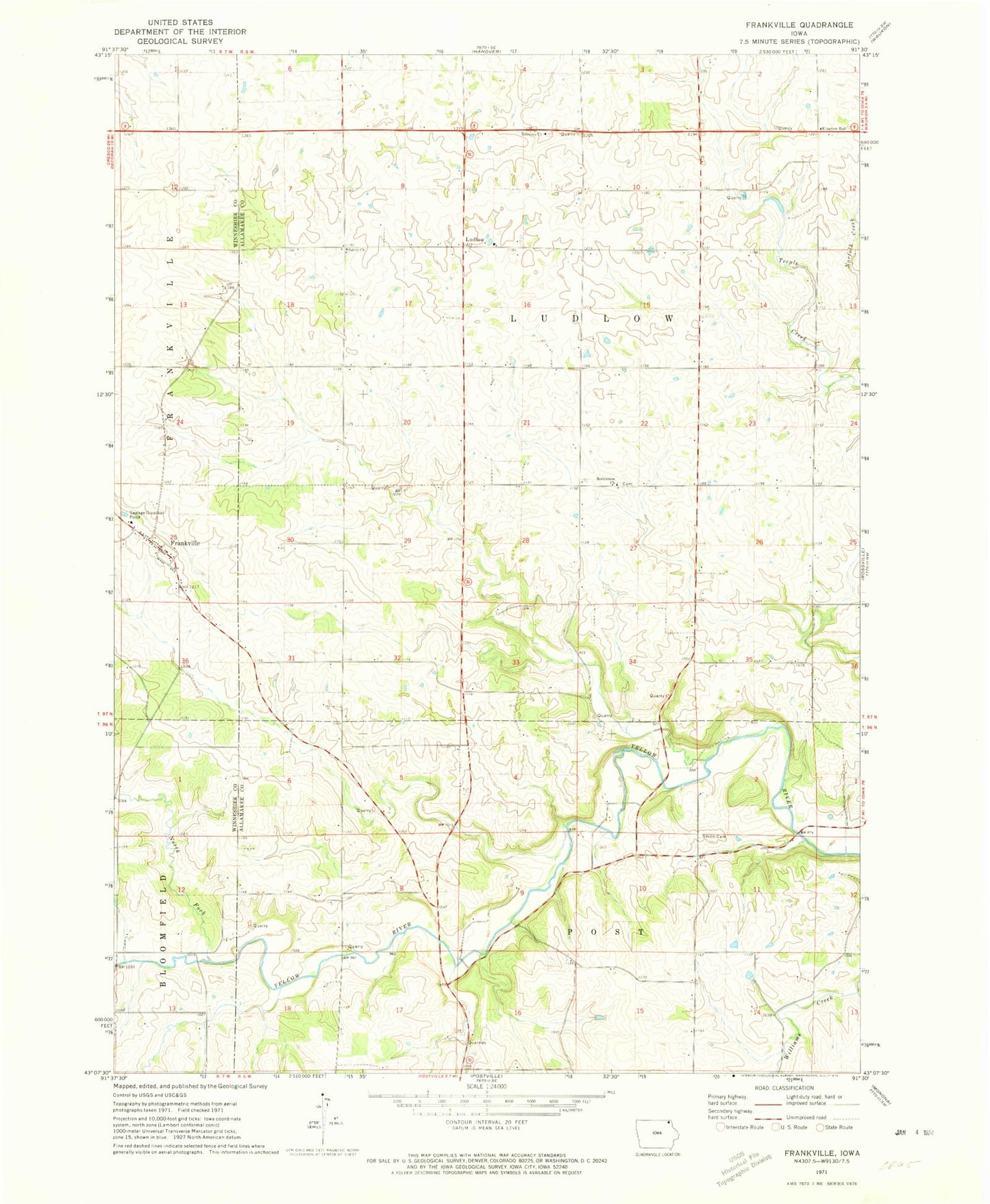 Classic USGS Frankville Iowa 7.5'x7.5' Topo Map Image