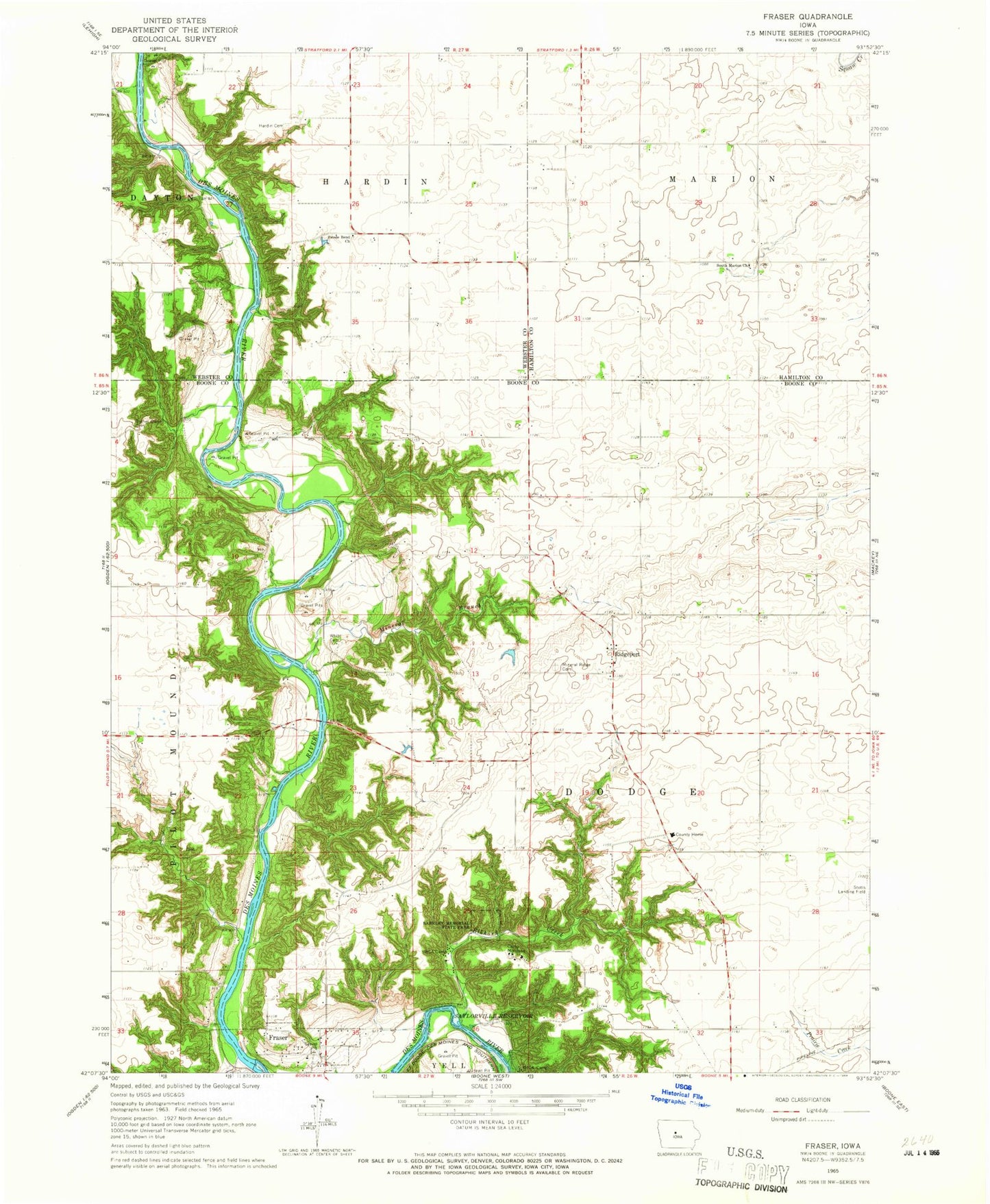 Classic USGS Fraser Iowa 7.5'x7.5' Topo Map Image