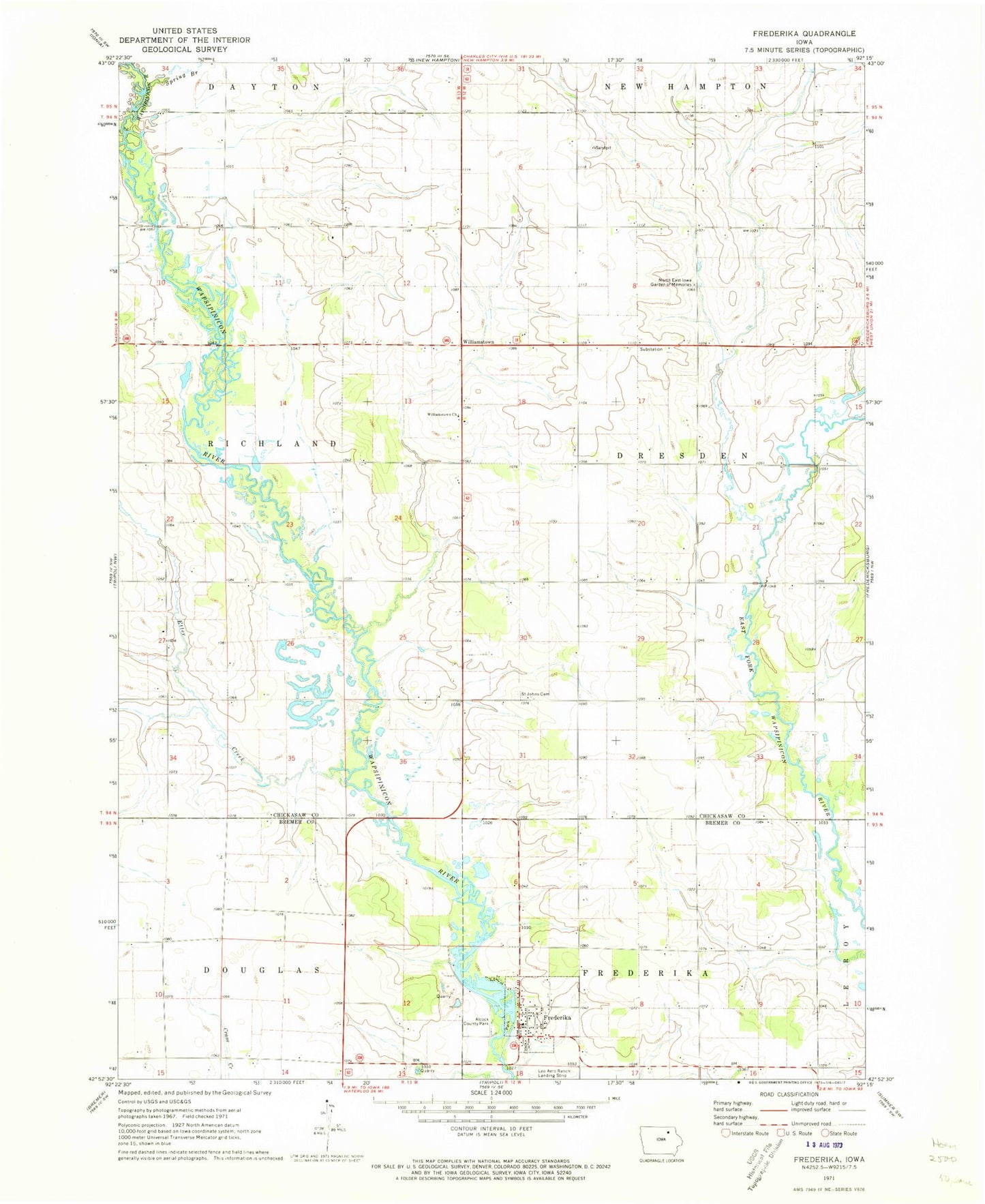 Classic USGS Frederika Iowa 7.5'x7.5' Topo Map Image