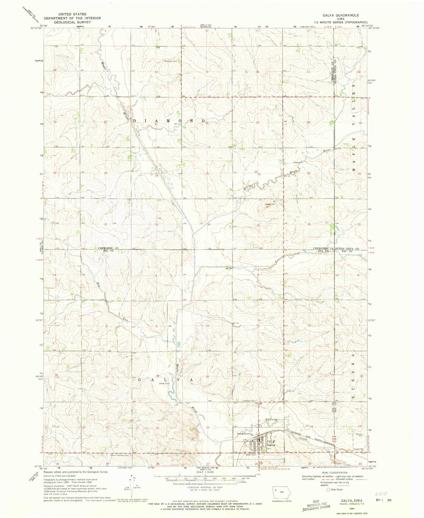 Classic USGS Galva Iowa 7.5'x7.5' Topo Map Image