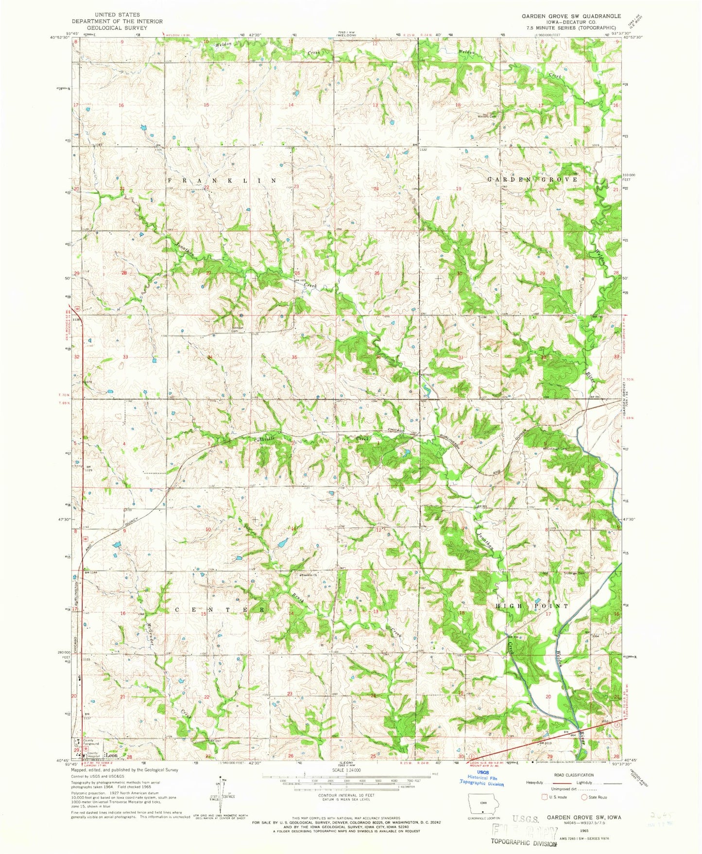 Classic USGS Garden Grove SW Iowa 7.5'x7.5' Topo Map Image