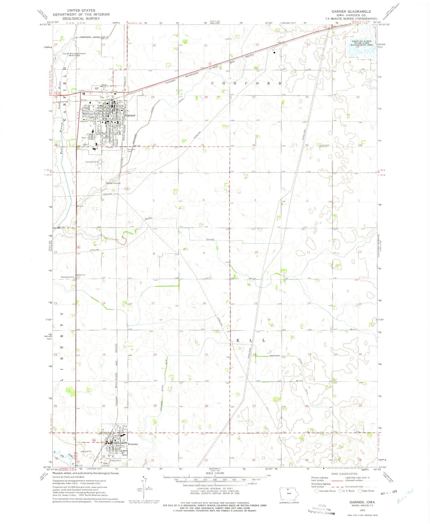 Classic USGS Garner Iowa 7.5'x7.5' Topo Map Image