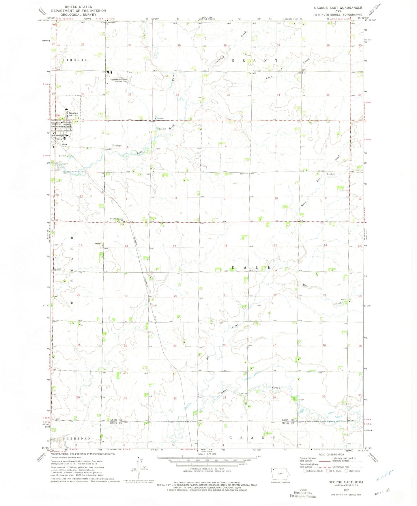 Classic USGS George East Iowa 7.5'x7.5' Topo Map Image