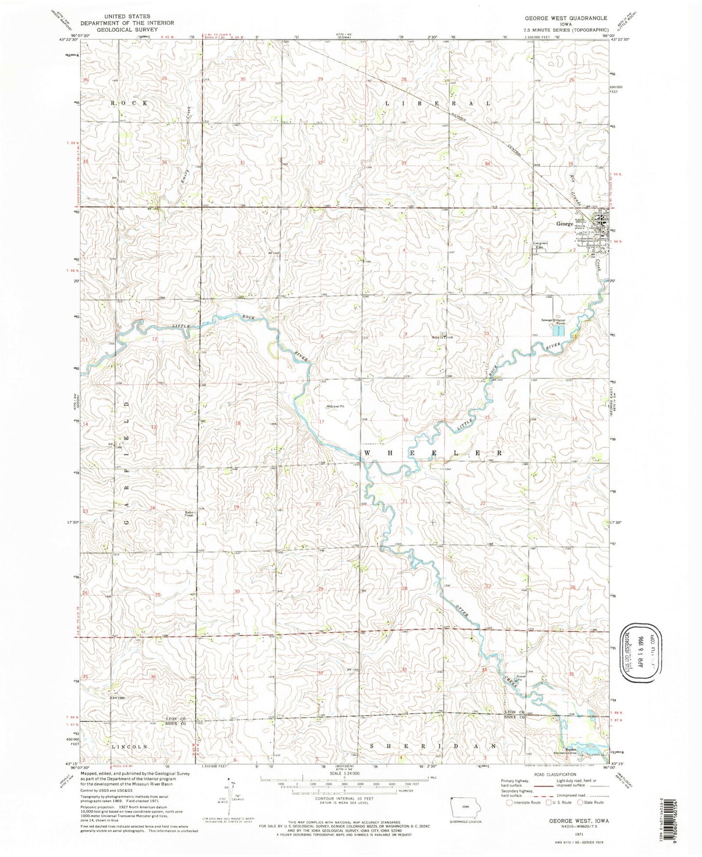 Classic USGS George West Iowa 7.5'x7.5' Topo Map Image