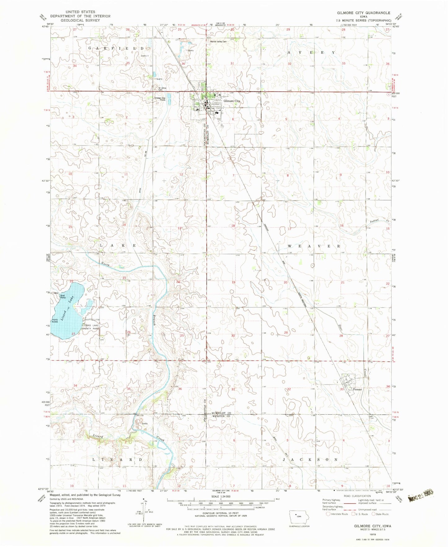Classic USGS Gilmore City Iowa 7.5'x7.5' Topo Map Image