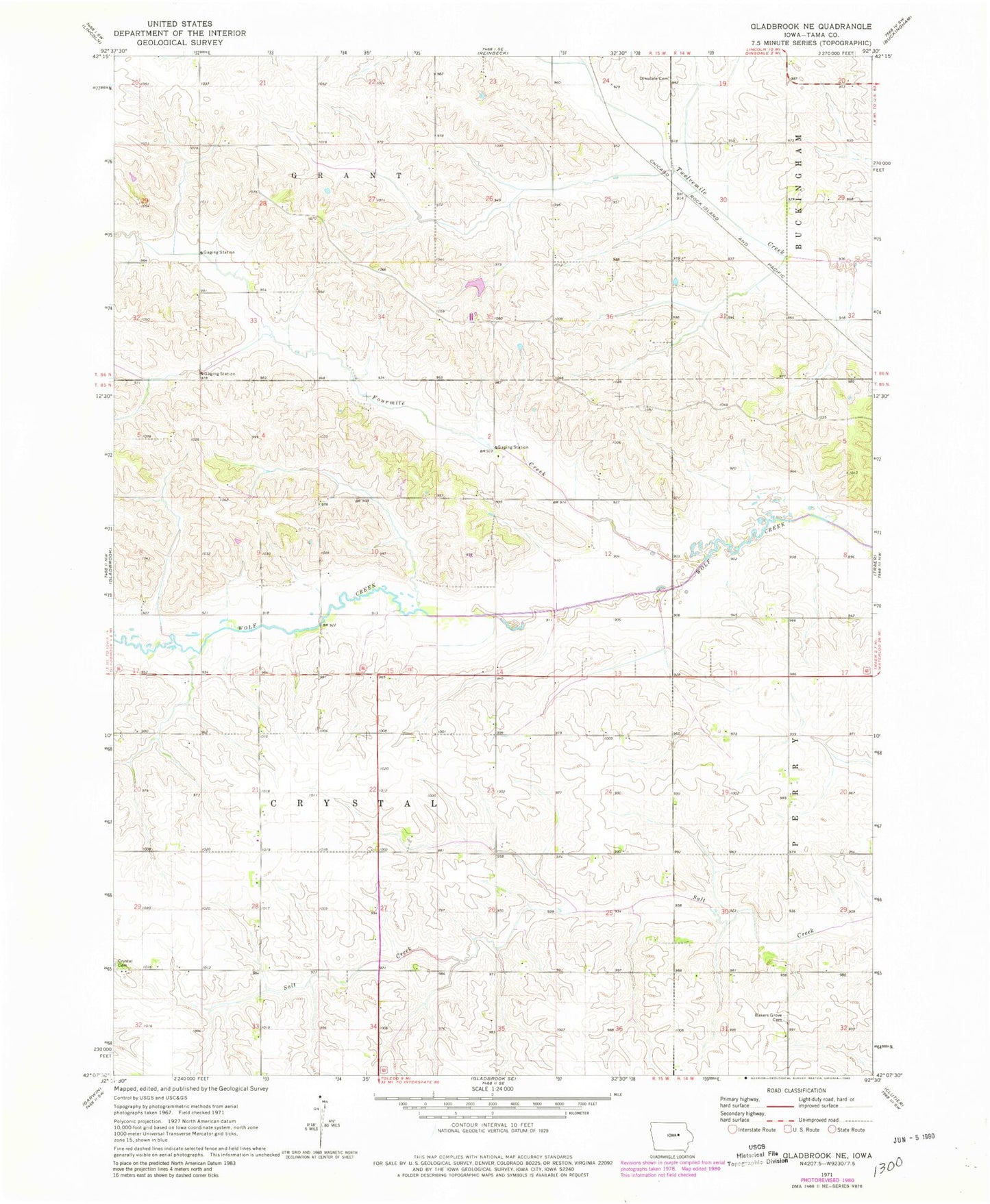 Classic USGS Gladbrook NE Iowa 7.5'x7.5' Topo Map Image