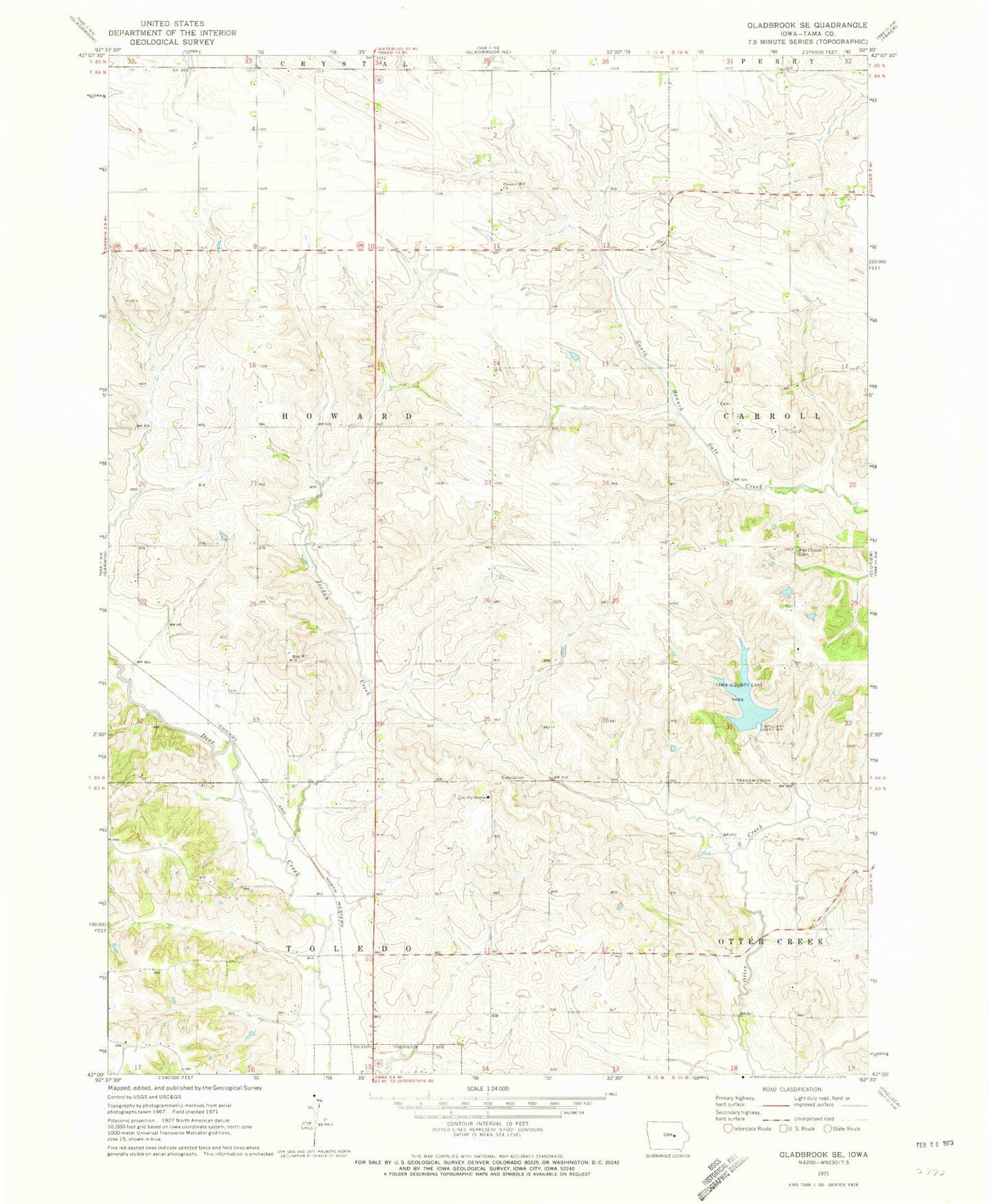 Classic USGS Gladbrook SE Iowa 7.5'x7.5' Topo Map Image