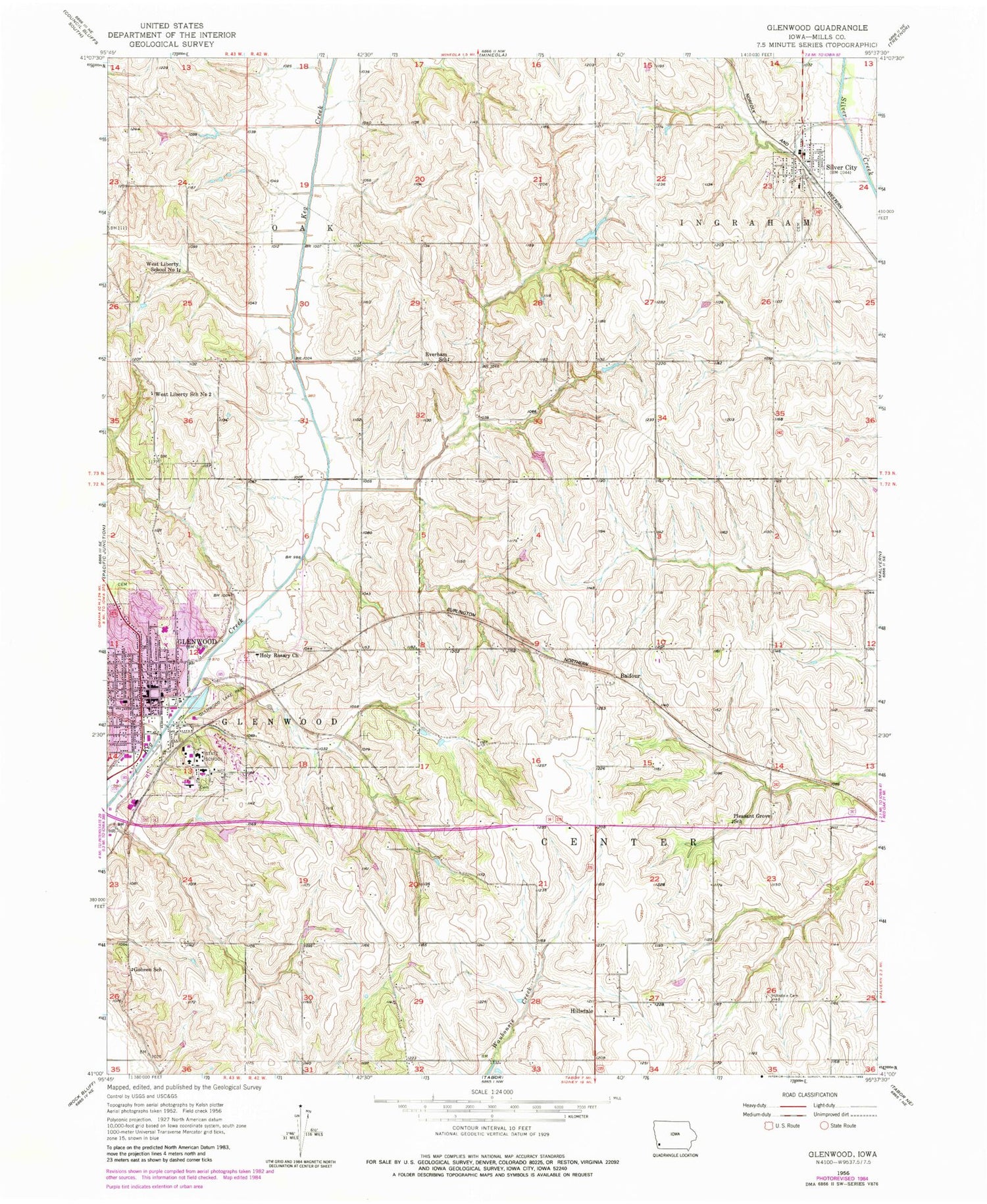 Classic USGS Glenwood Iowa 7.5'x7.5' Topo Map Image