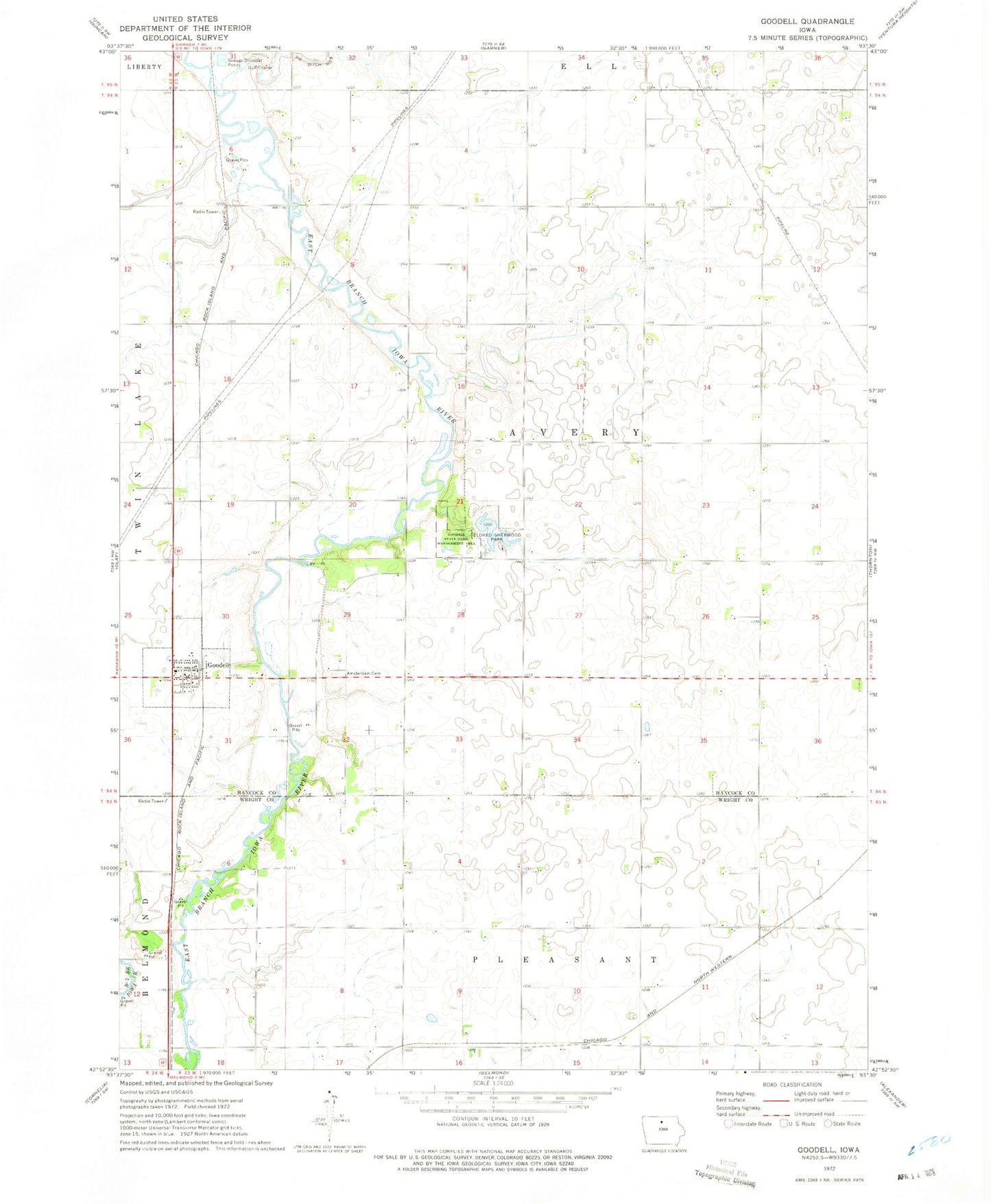 Classic USGS Goodell Iowa 7.5'x7.5' Topo Map Image