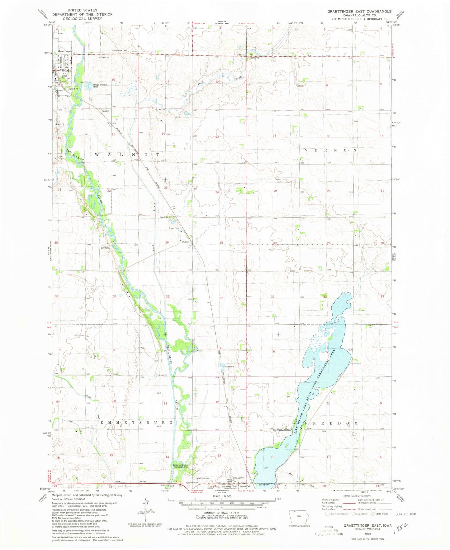 Classic USGS Graettinger East Iowa 7.5'x7.5' Topo Map Image