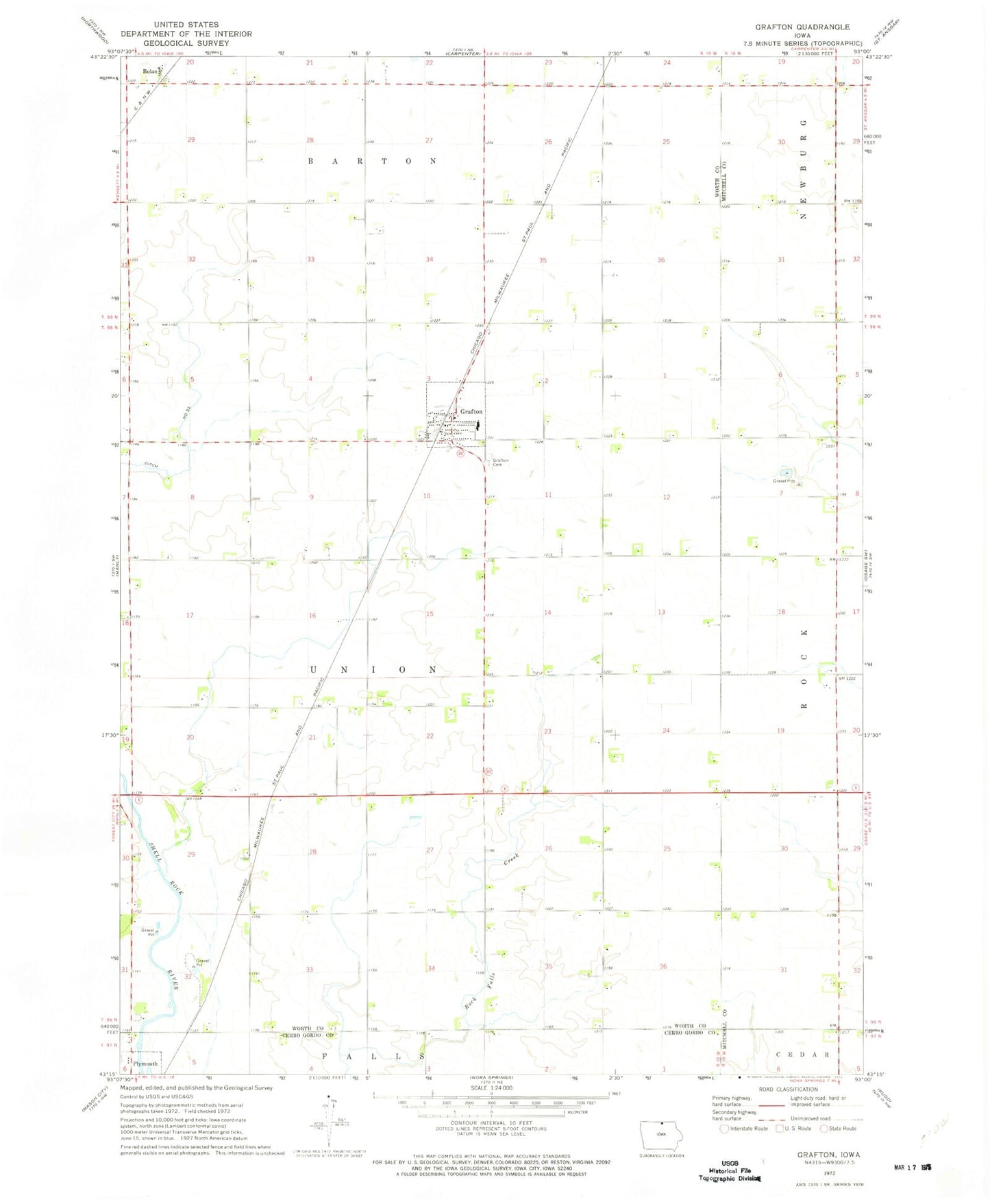 Classic USGS Grafton Iowa 7.5'x7.5' Topo Map Image