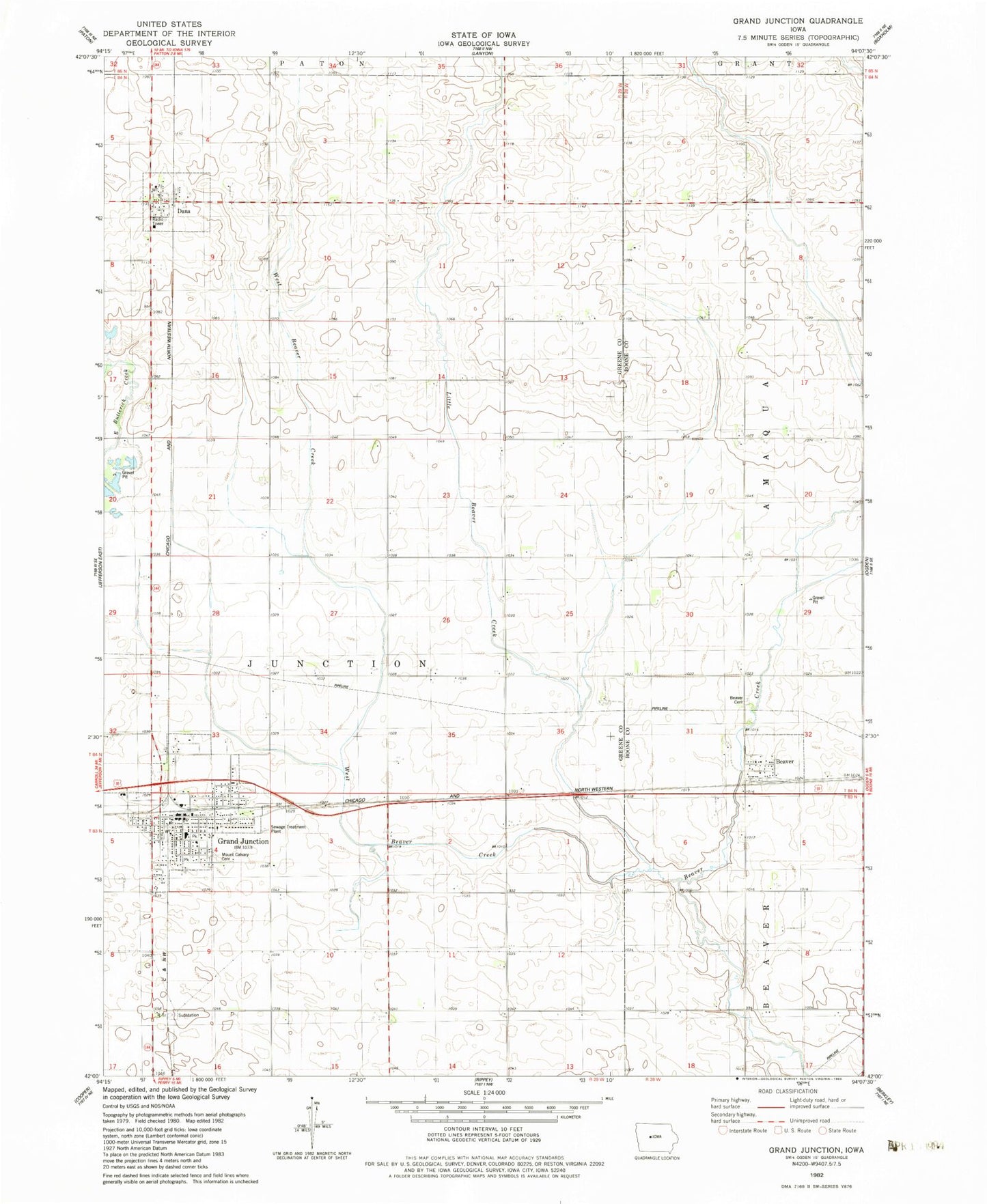 Classic USGS Grand Junction Iowa 7.5'x7.5' Topo Map Image