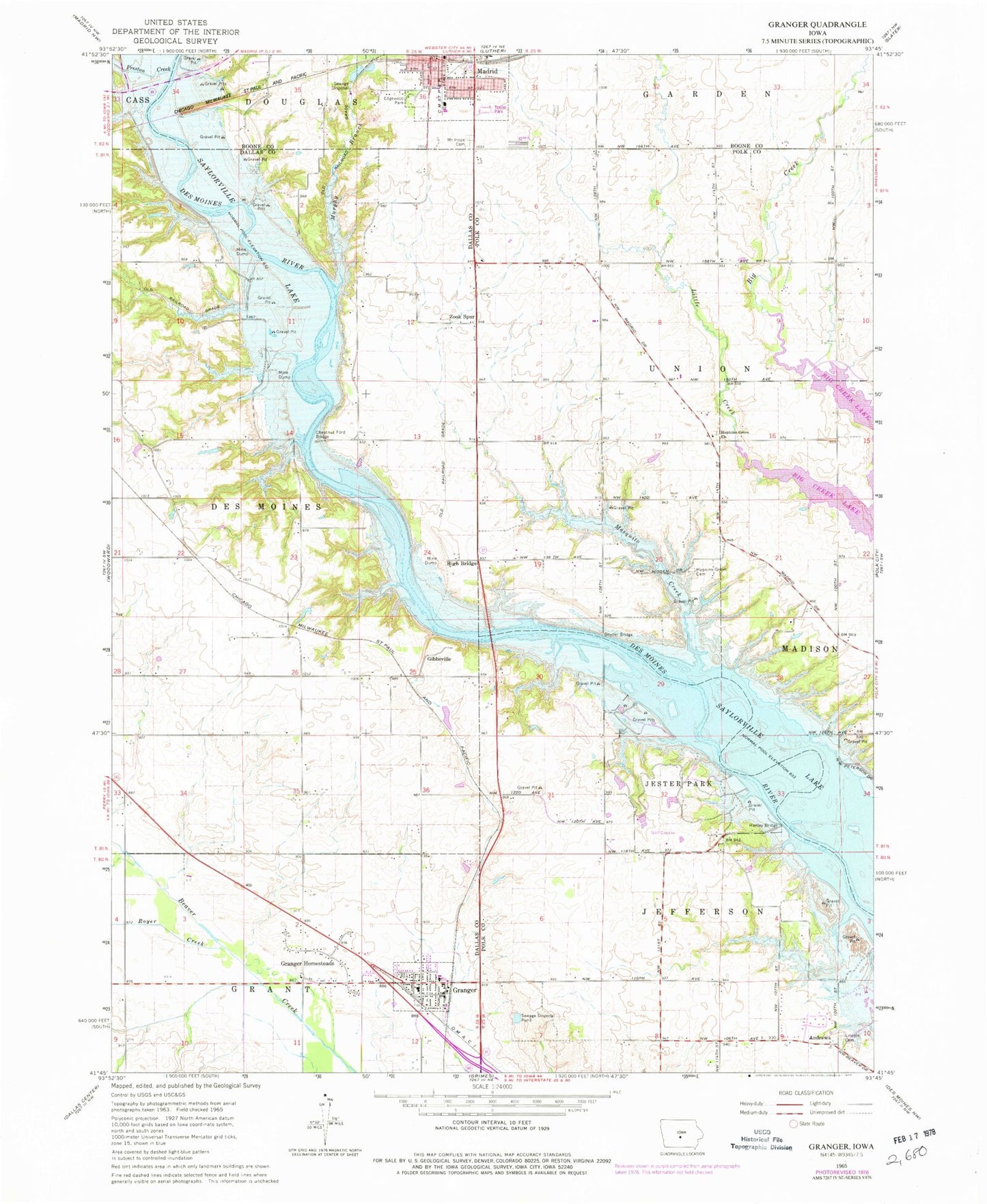 Classic USGS Granger Iowa 7.5'x7.5' Topo Map Image