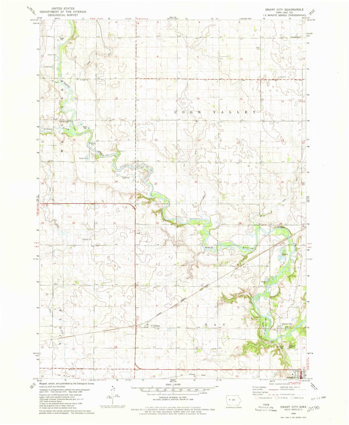 Classic USGS Grant City Iowa 7.5'x7.5' Topo Map Image