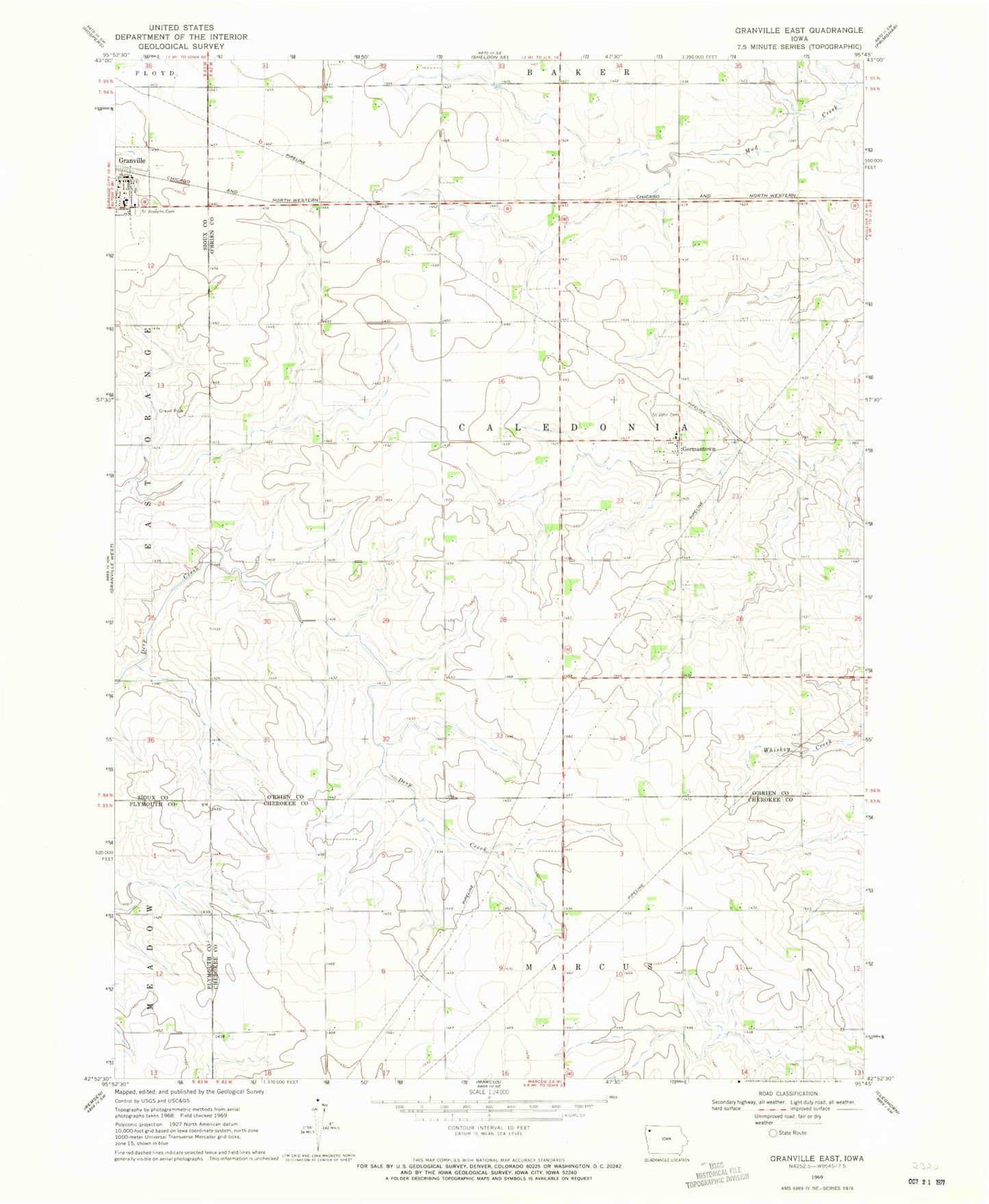Classic USGS Granville East Iowa 7.5'x7.5' Topo Map Image