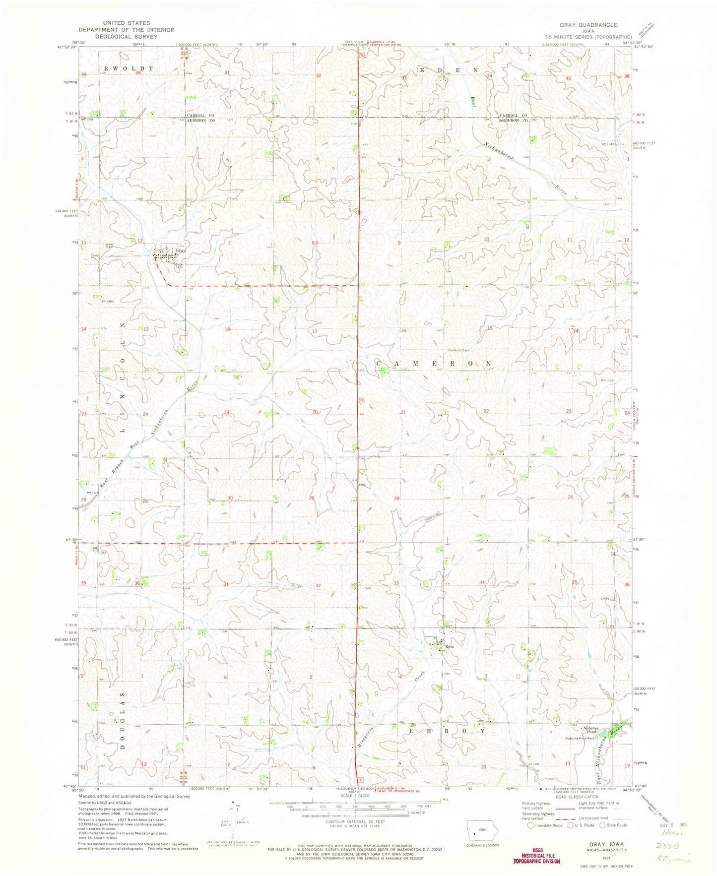 Classic USGS Gray Iowa 7.5'x7.5' Topo Map Image