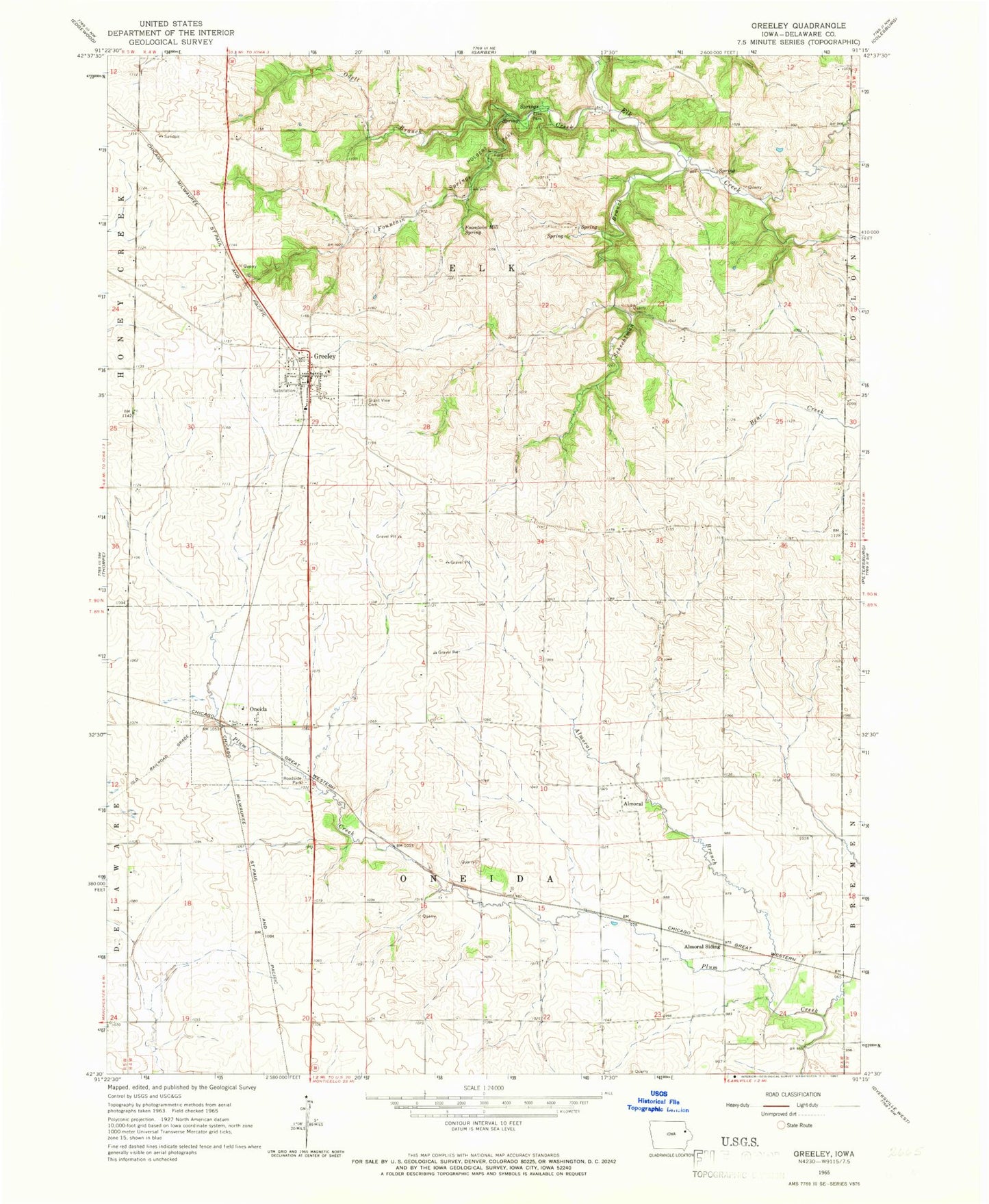 Classic USGS Greeley Iowa 7.5'x7.5' Topo Map Image