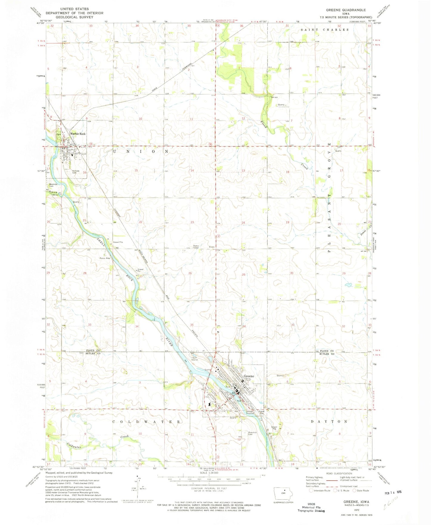 Classic USGS Greene Iowa 7.5'x7.5' Topo Map Image