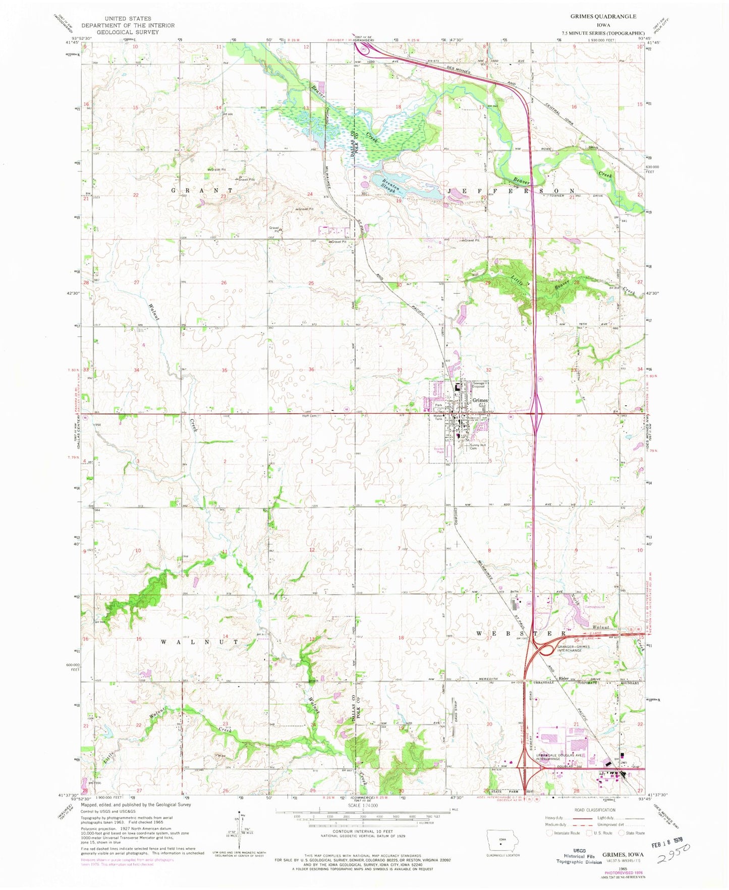 Classic USGS Grimes Iowa 7.5'x7.5' Topo Map Image