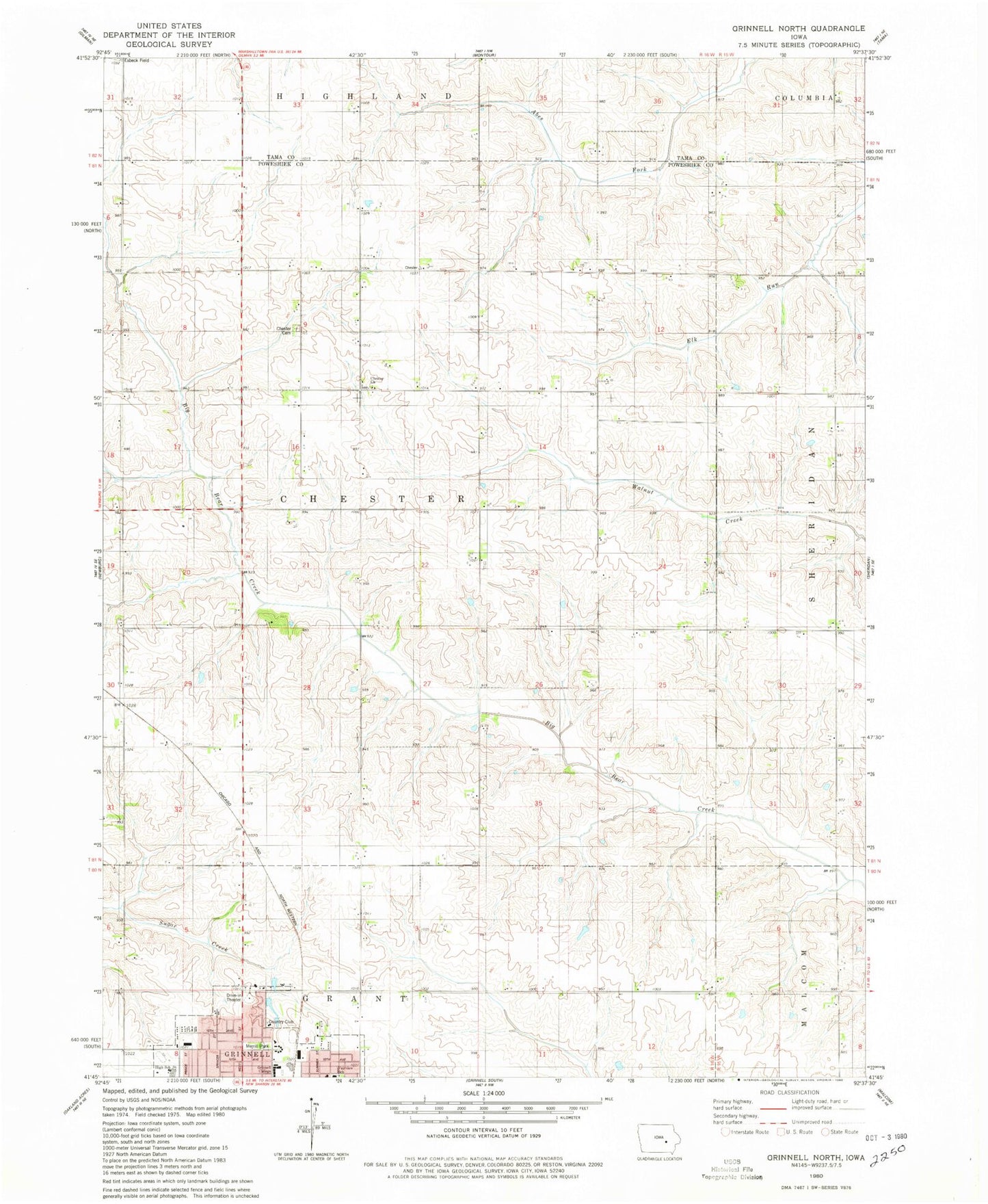 Classic USGS Grinnell North Iowa 7.5'x7.5' Topo Map Image