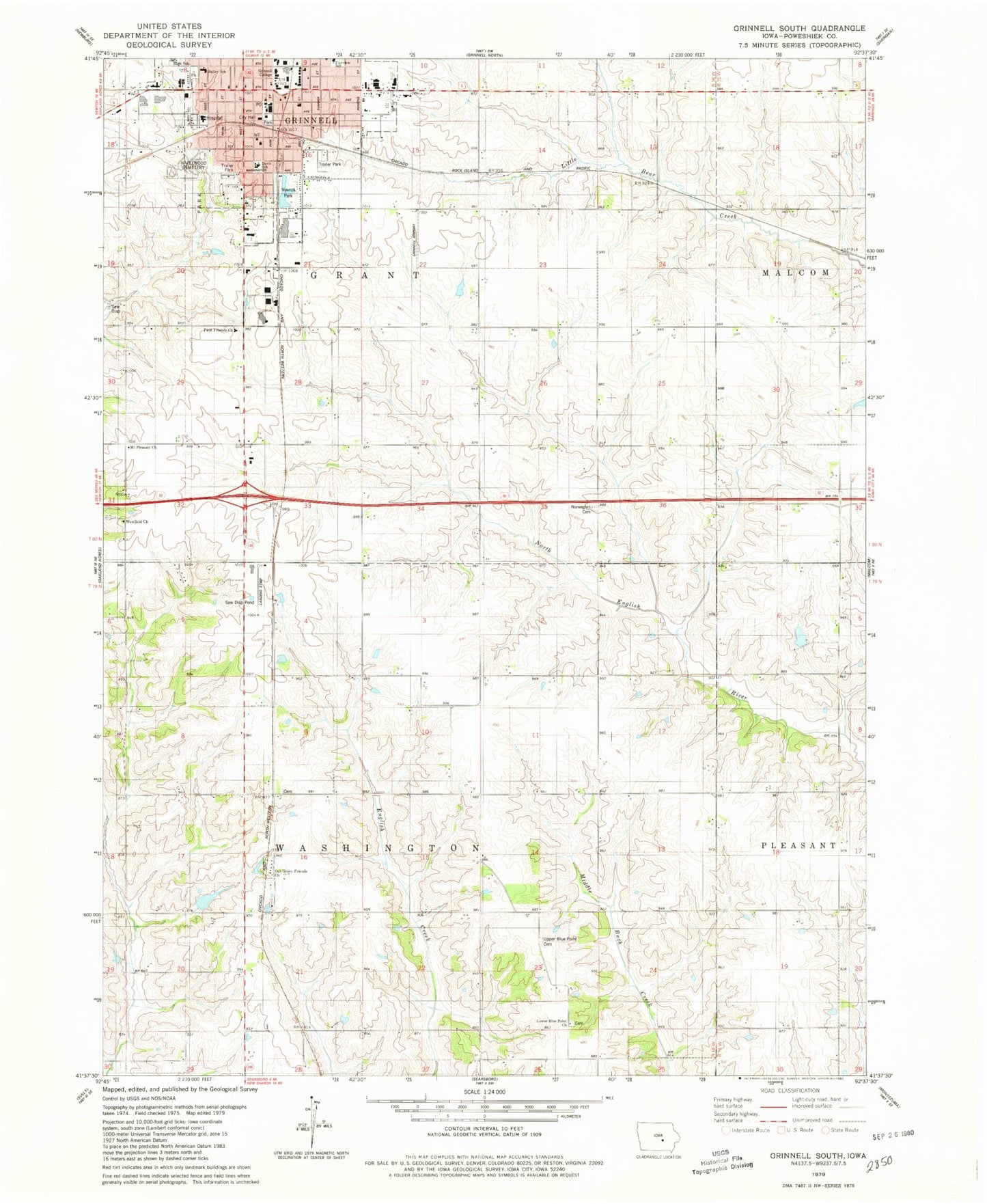 Classic USGS Grinnell South Iowa 7.5'x7.5' Topo Map Image