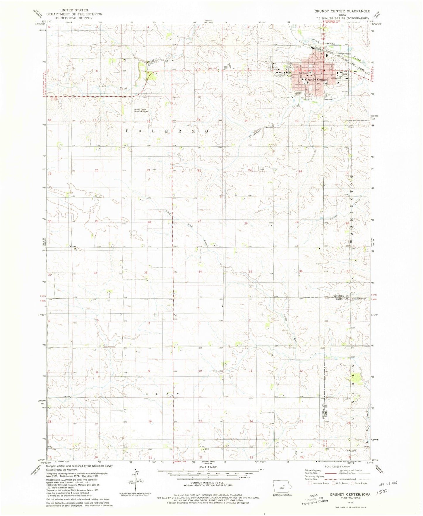 Classic USGS Grundy Center Iowa 7.5'x7.5' Topo Map Image