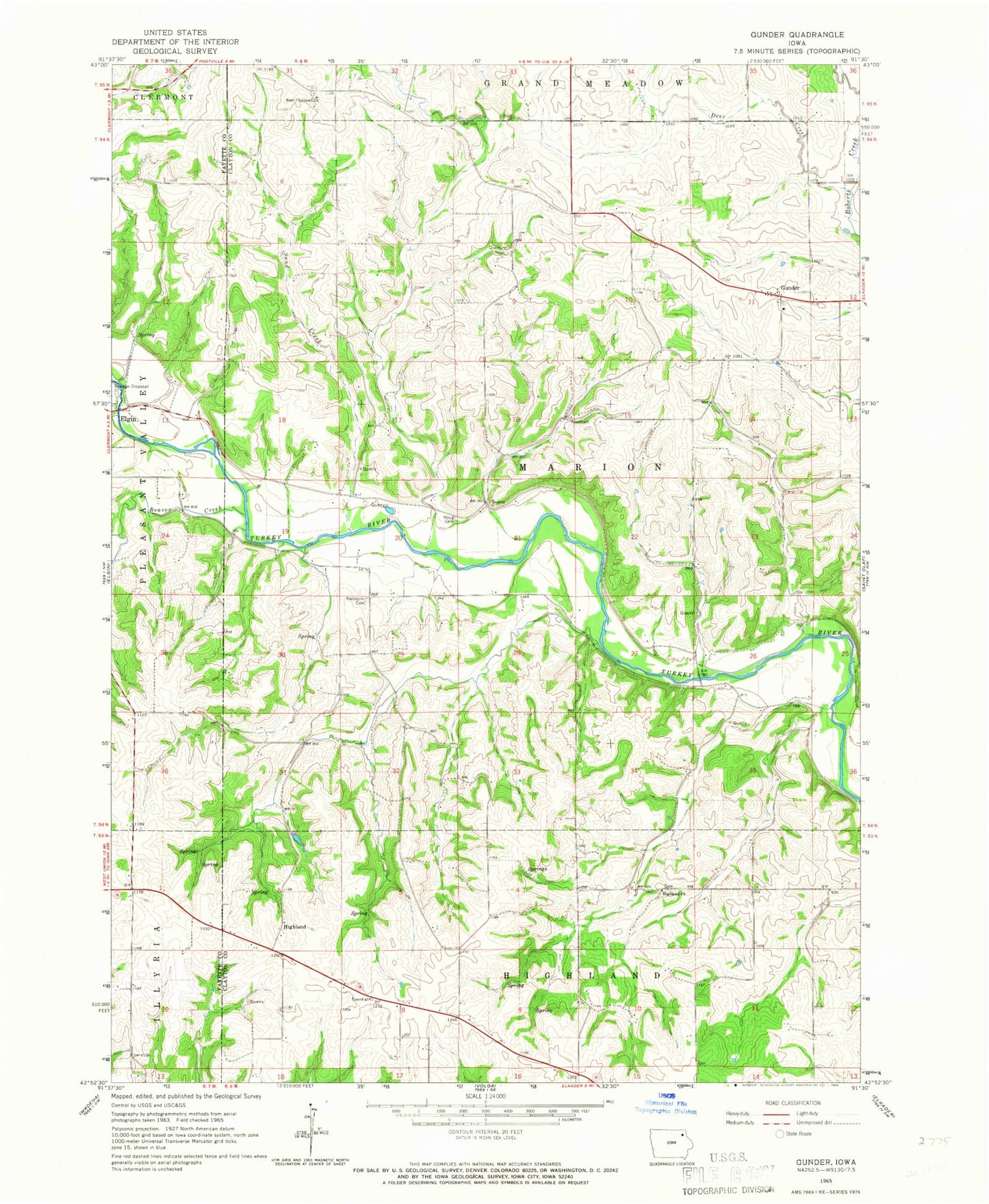 Classic USGS Gunder Iowa 7.5'x7.5' Topo Map Image
