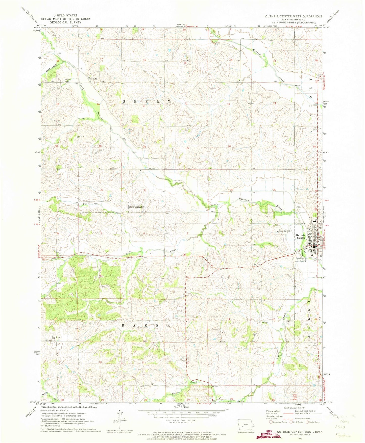 Classic USGS Guthrie Center West Iowa 7.5'x7.5' Topo Map Image