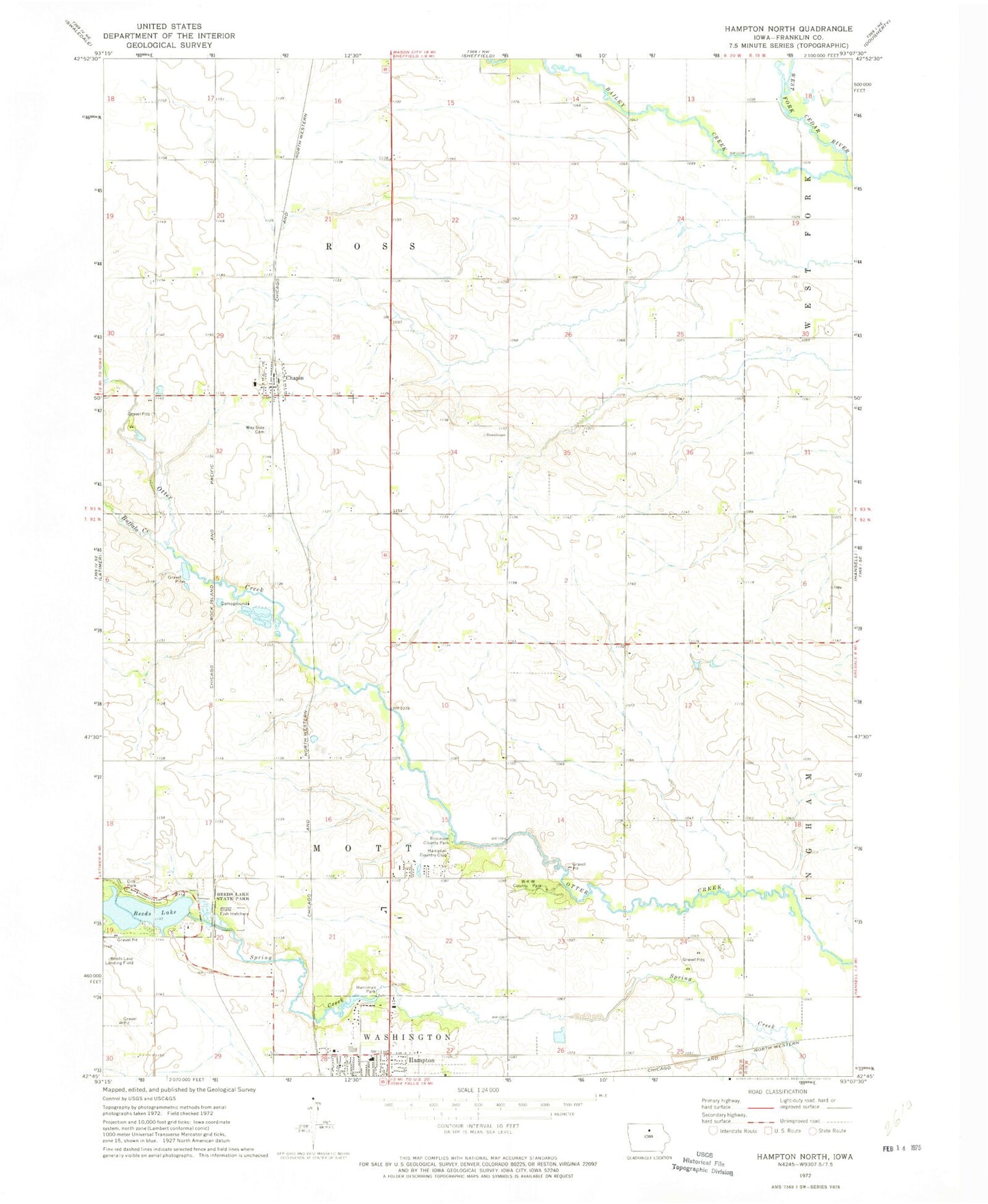 Classic USGS Hampton North Iowa 7.5'x7.5' Topo Map Image
