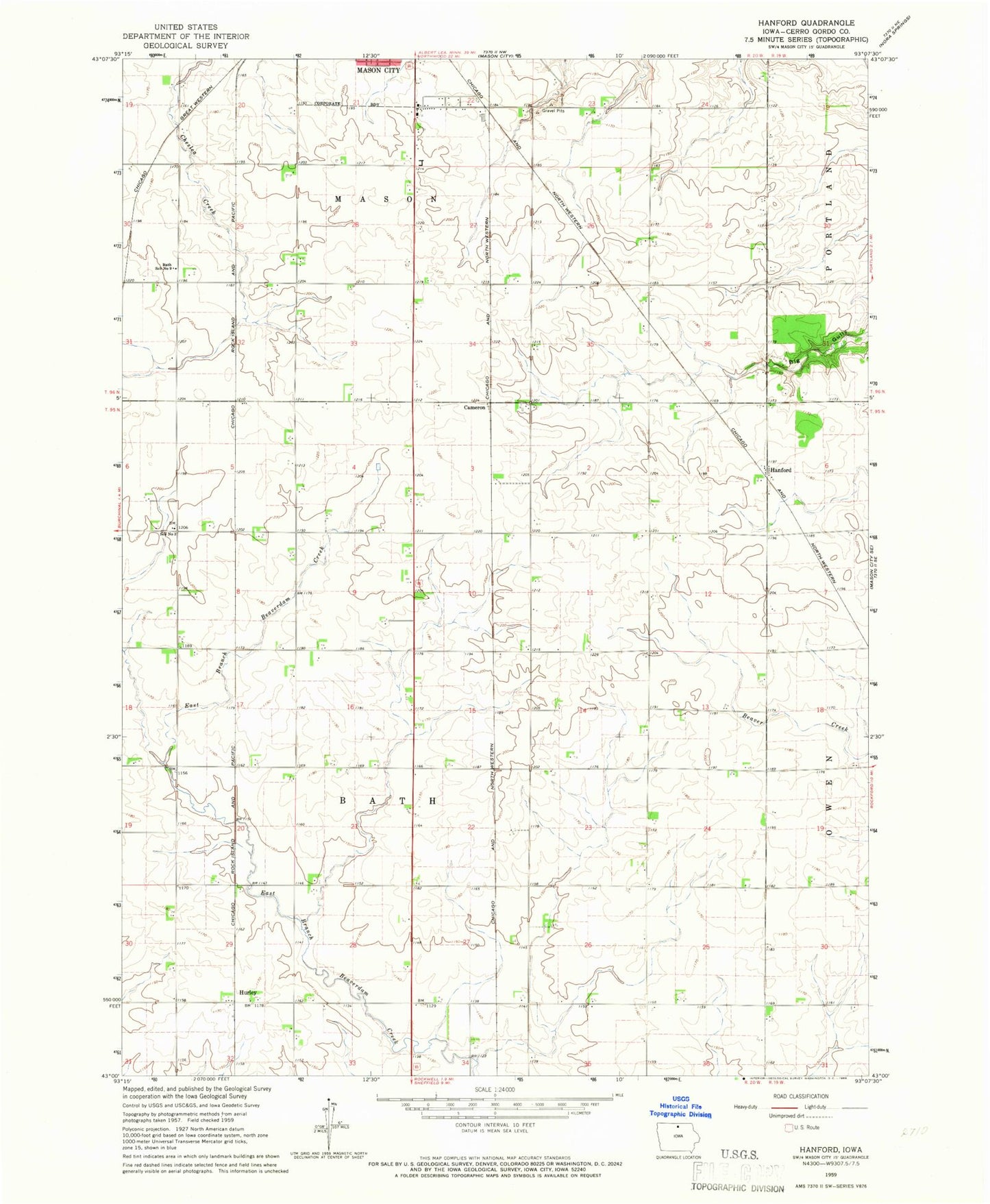 Classic USGS Hanford Iowa 7.5'x7.5' Topo Map Image