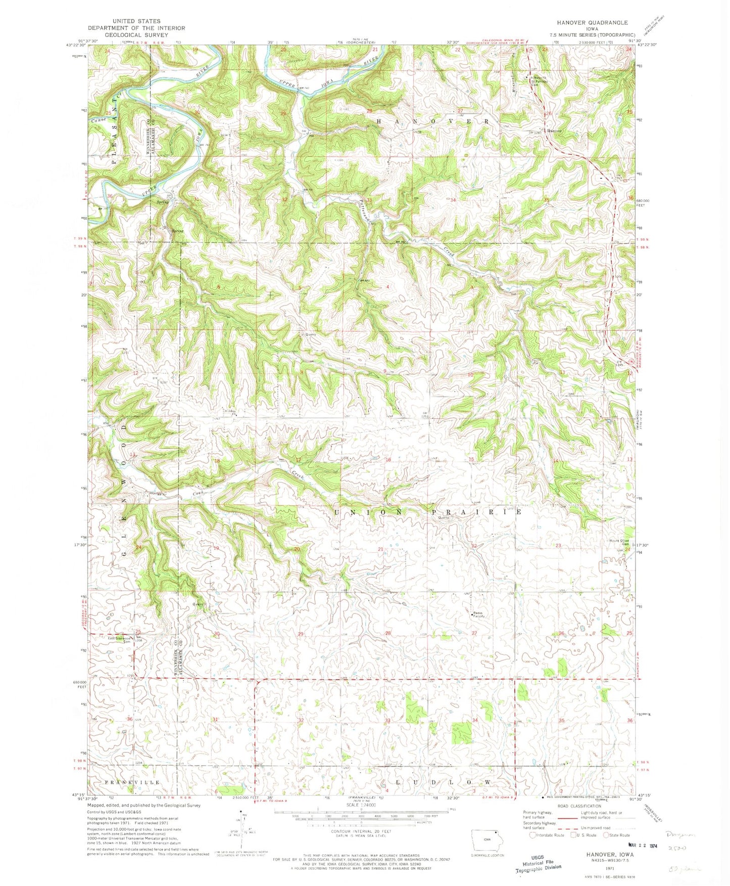 Classic USGS Hanover Iowa 7.5'x7.5' Topo Map Image