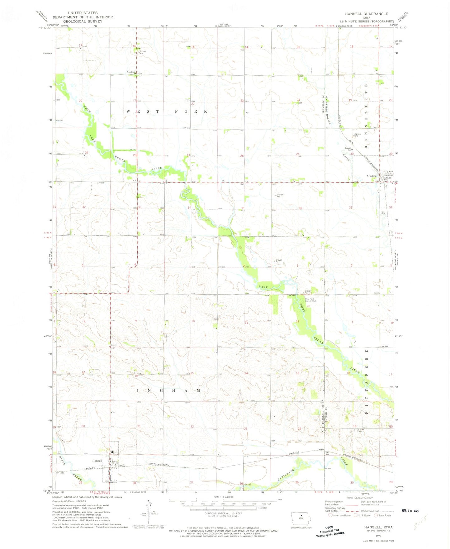 Classic USGS Hansell Iowa 7.5'x7.5' Topo Map Image