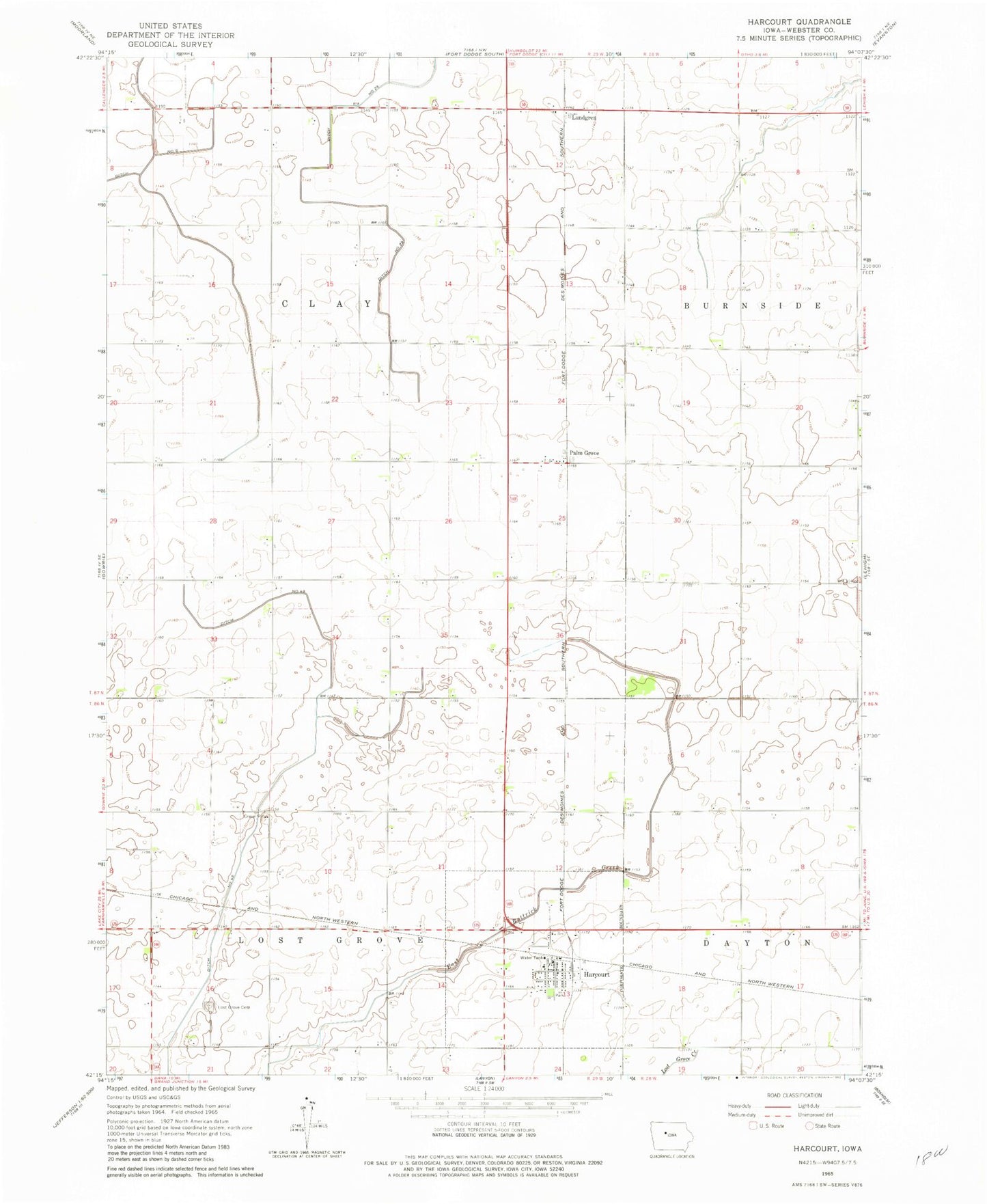 Classic USGS Harcourt Iowa 7.5'x7.5' Topo Map Image