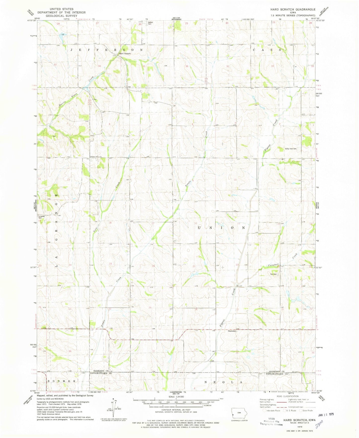 Classic USGS Hard Scratch Iowa 7.5'x7.5' Topo Map Image