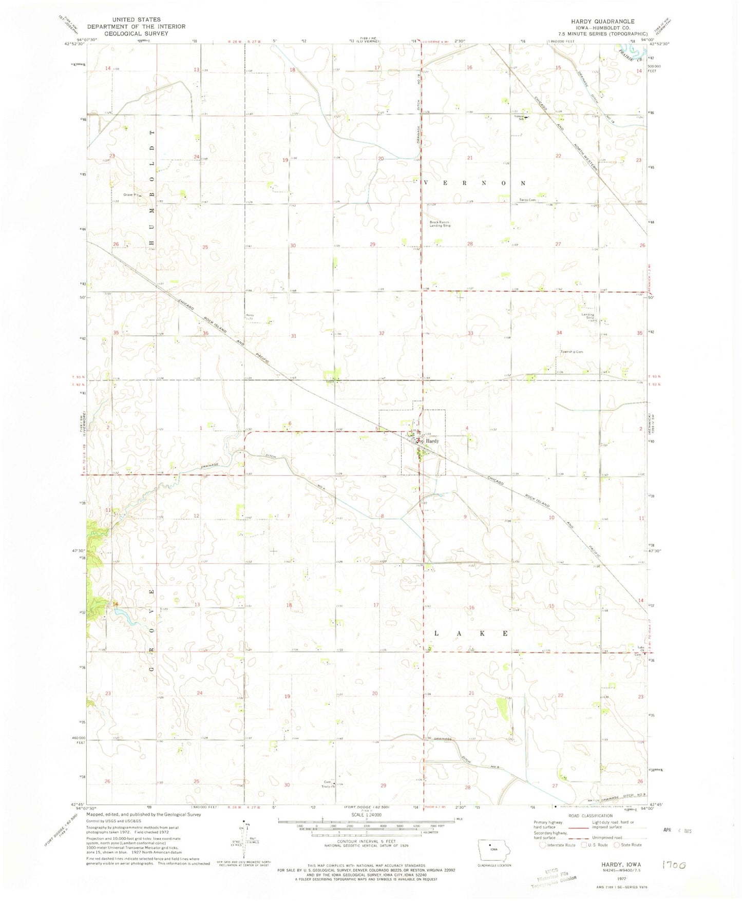 Classic USGS Hardy Iowa 7.5'x7.5' Topo Map Image