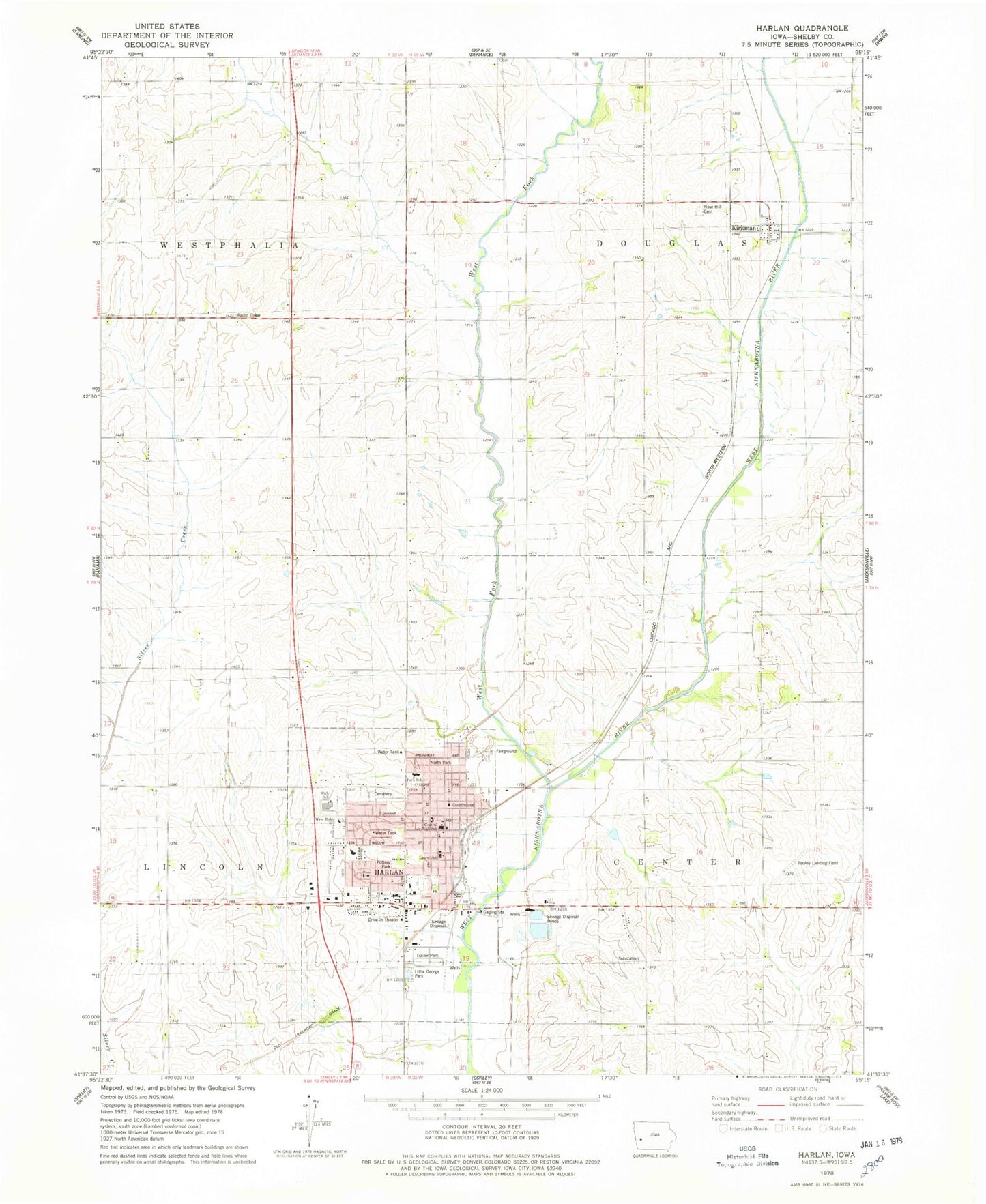 Classic USGS Harlan Iowa 7.5'x7.5' Topo Map Image