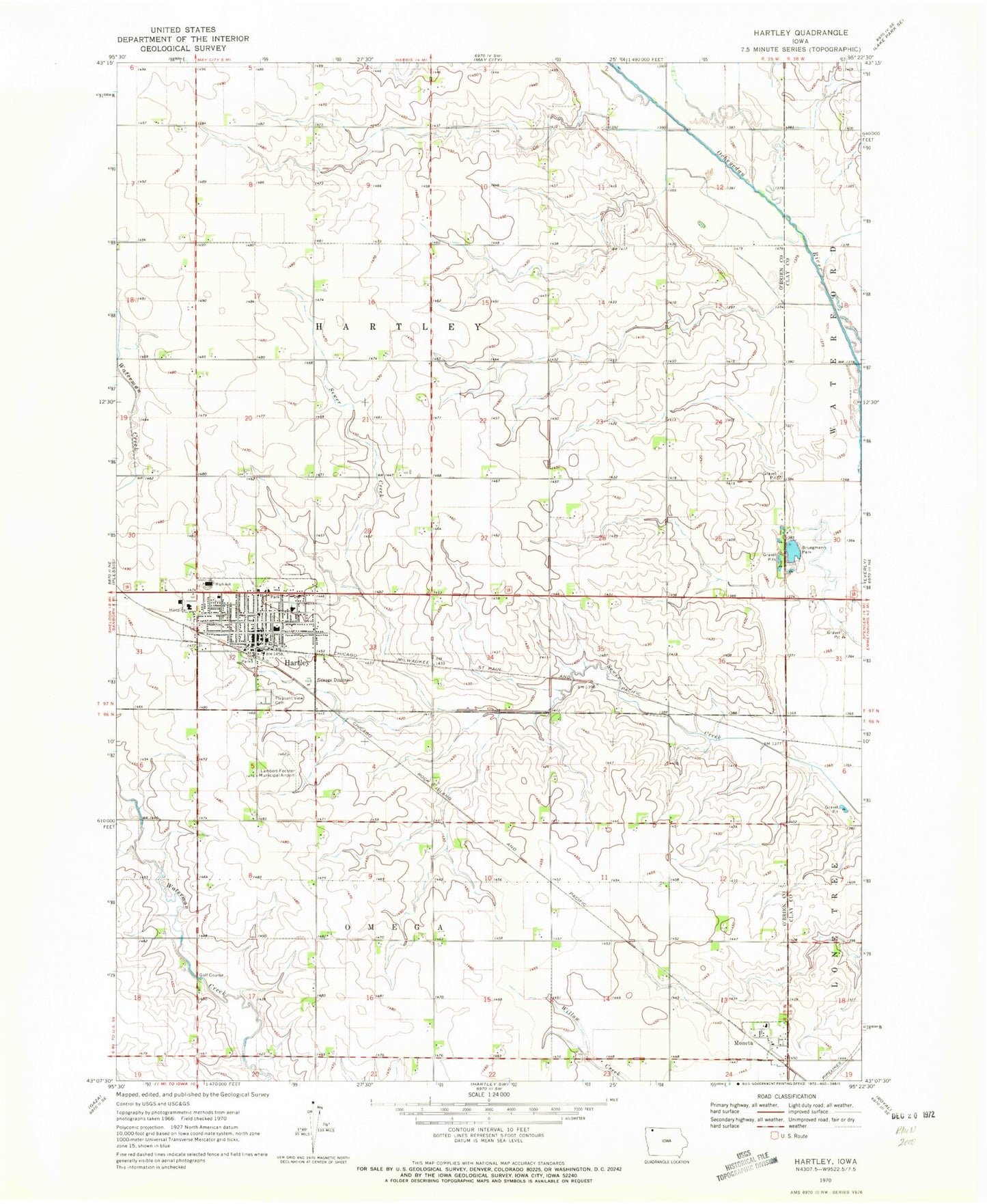 Classic USGS Hartley Iowa 7.5'x7.5' Topo Map Image