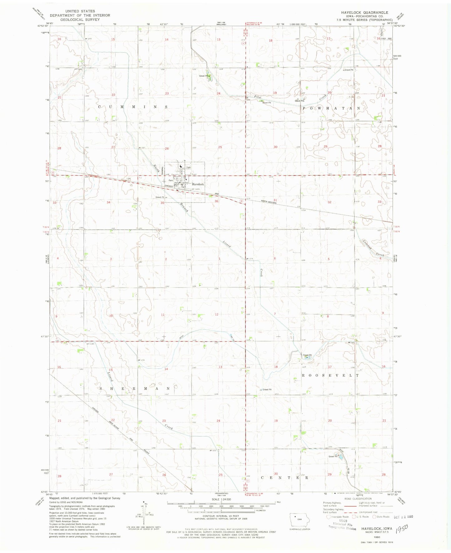 Classic USGS Havelock Iowa 7.5'x7.5' Topo Map Image