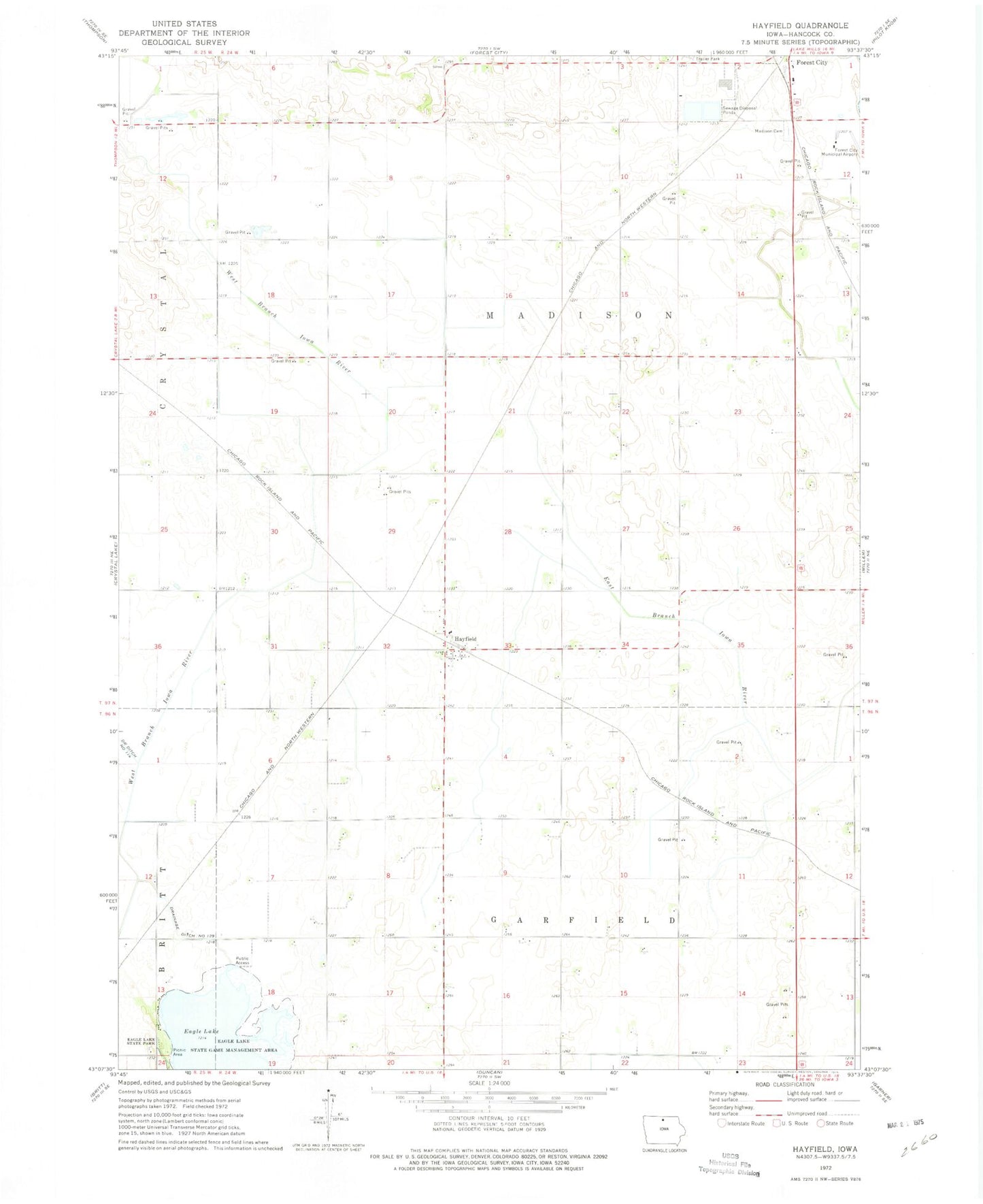 Classic USGS Hayfield Iowa 7.5'x7.5' Topo Map Image