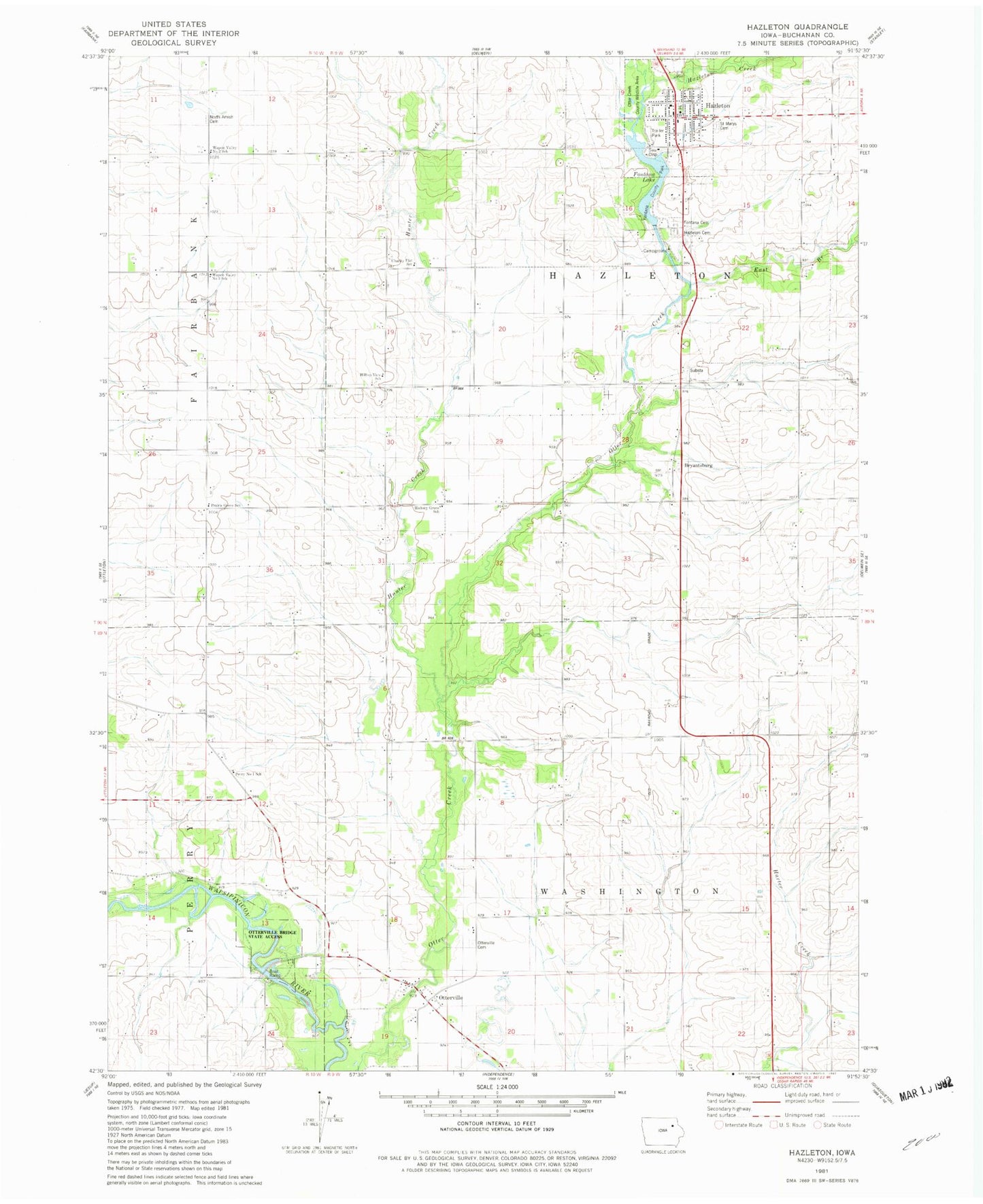 Classic USGS Hazleton Iowa 7.5'x7.5' Topo Map Image