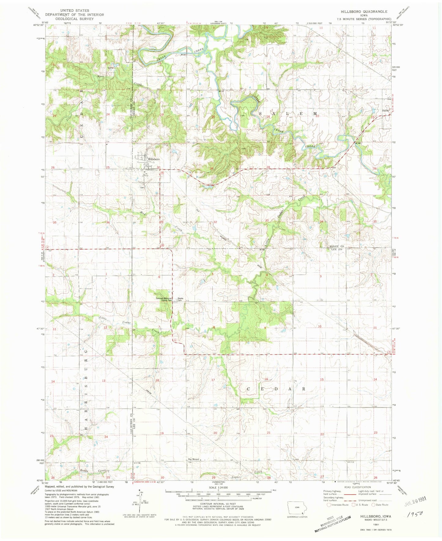 Classic USGS Hillsboro Iowa 7.5'x7.5' Topo Map Image
