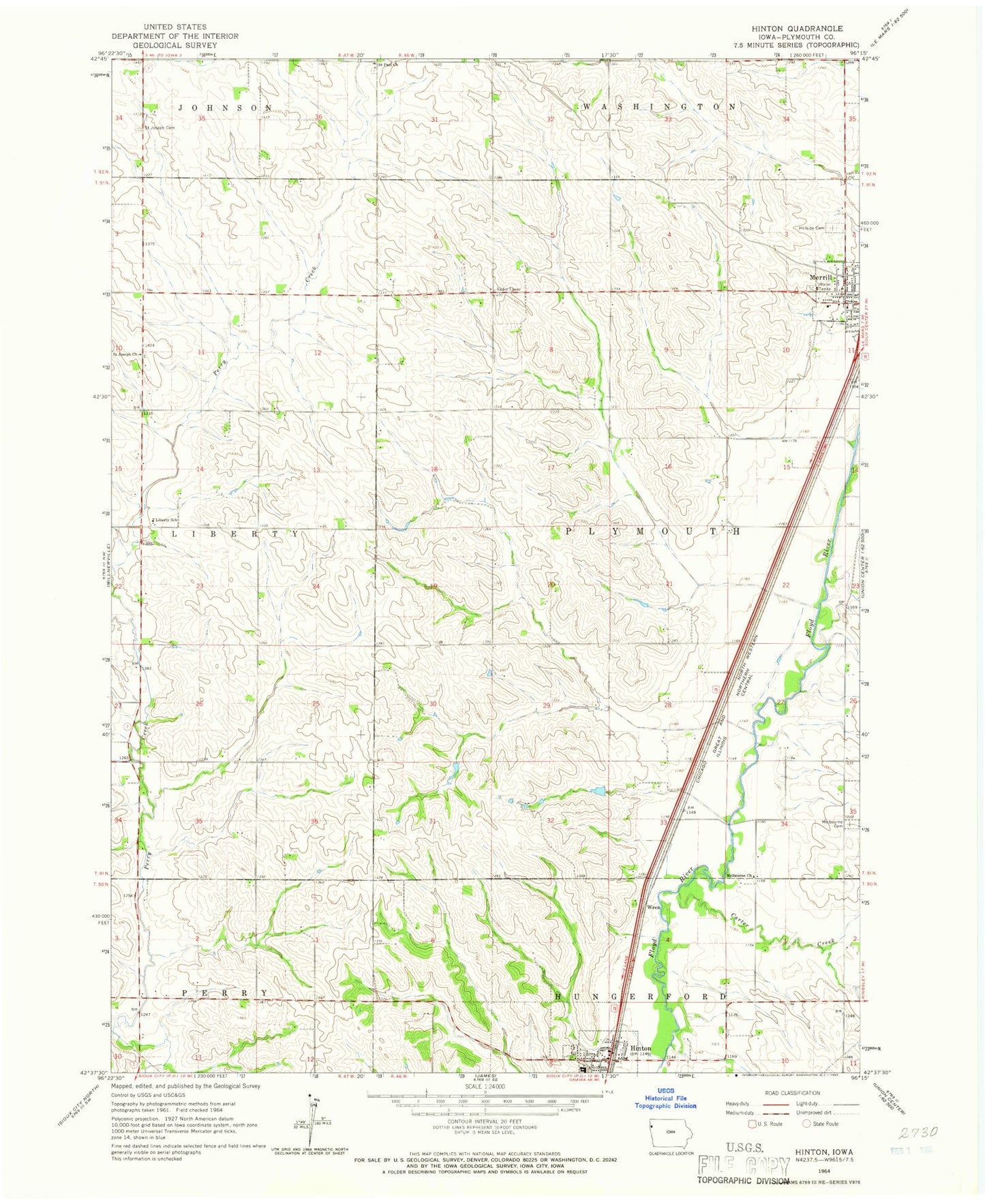 Classic USGS Hinton Iowa 7.5'x7.5' Topo Map Image