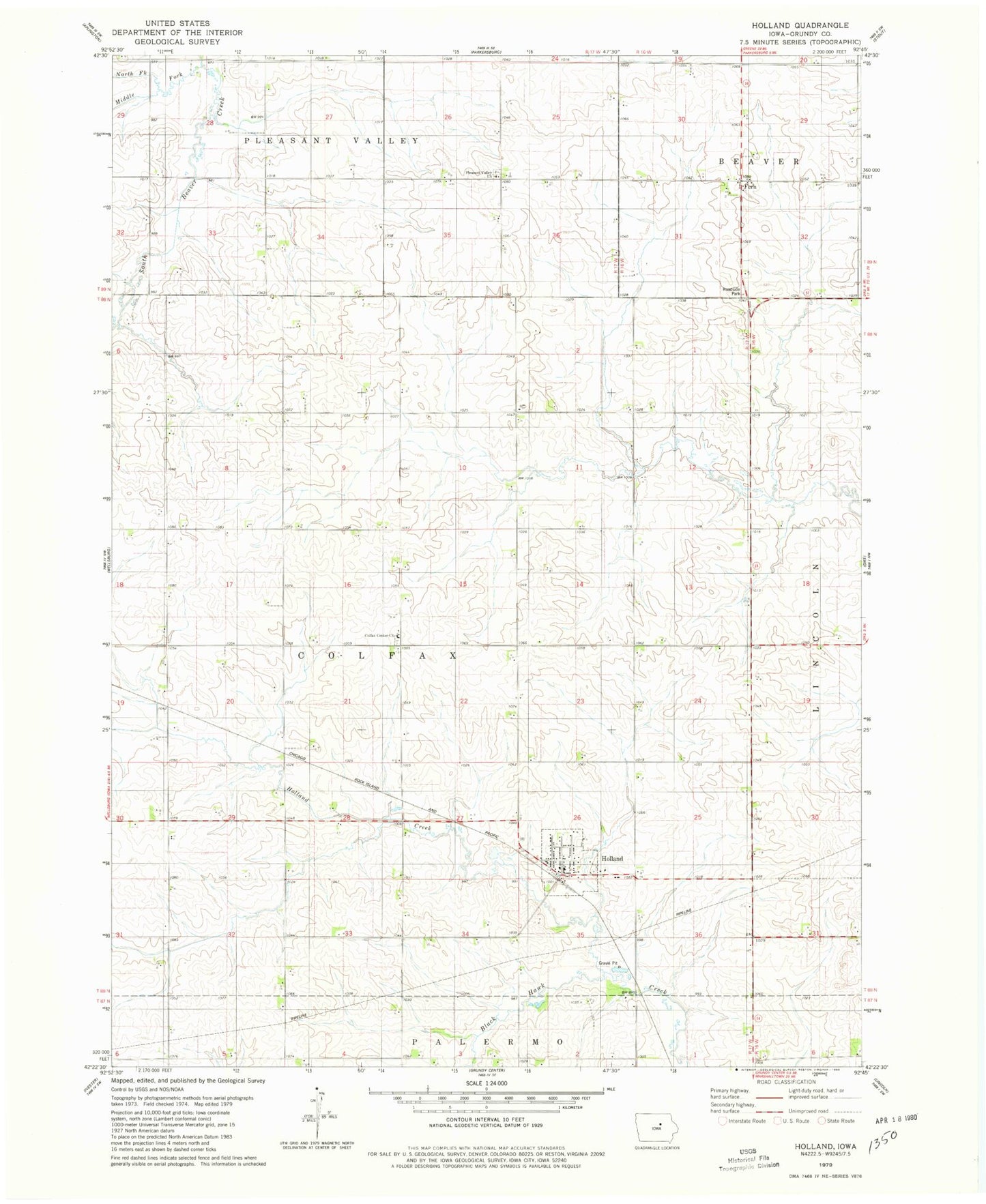 Classic USGS Holland Iowa 7.5'x7.5' Topo Map Image