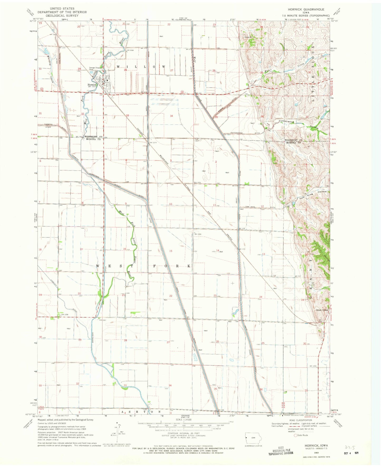 Classic USGS Hornick Iowa 7.5'x7.5' Topo Map Image