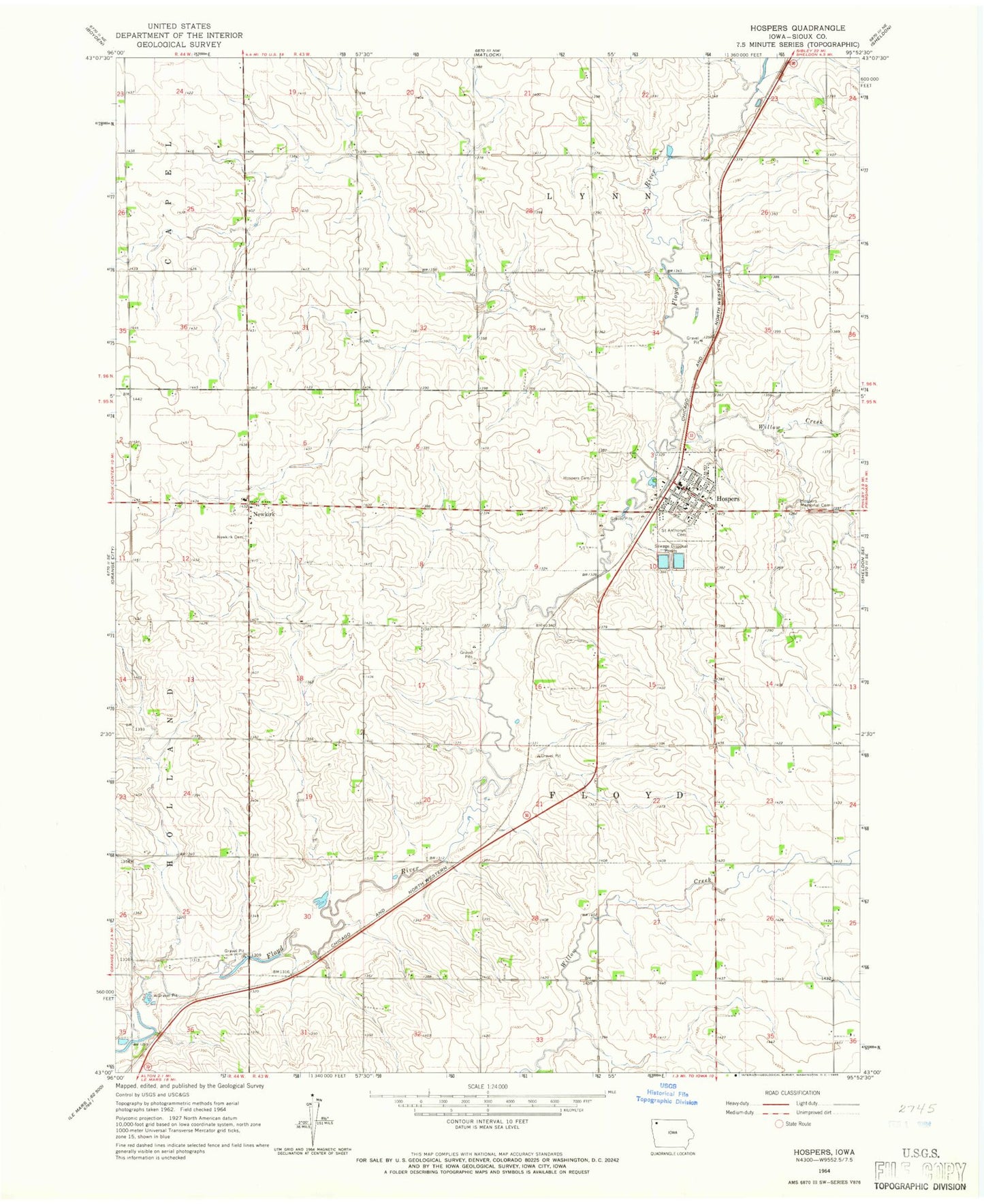 Classic USGS Hospers Iowa 7.5'x7.5' Topo Map Image