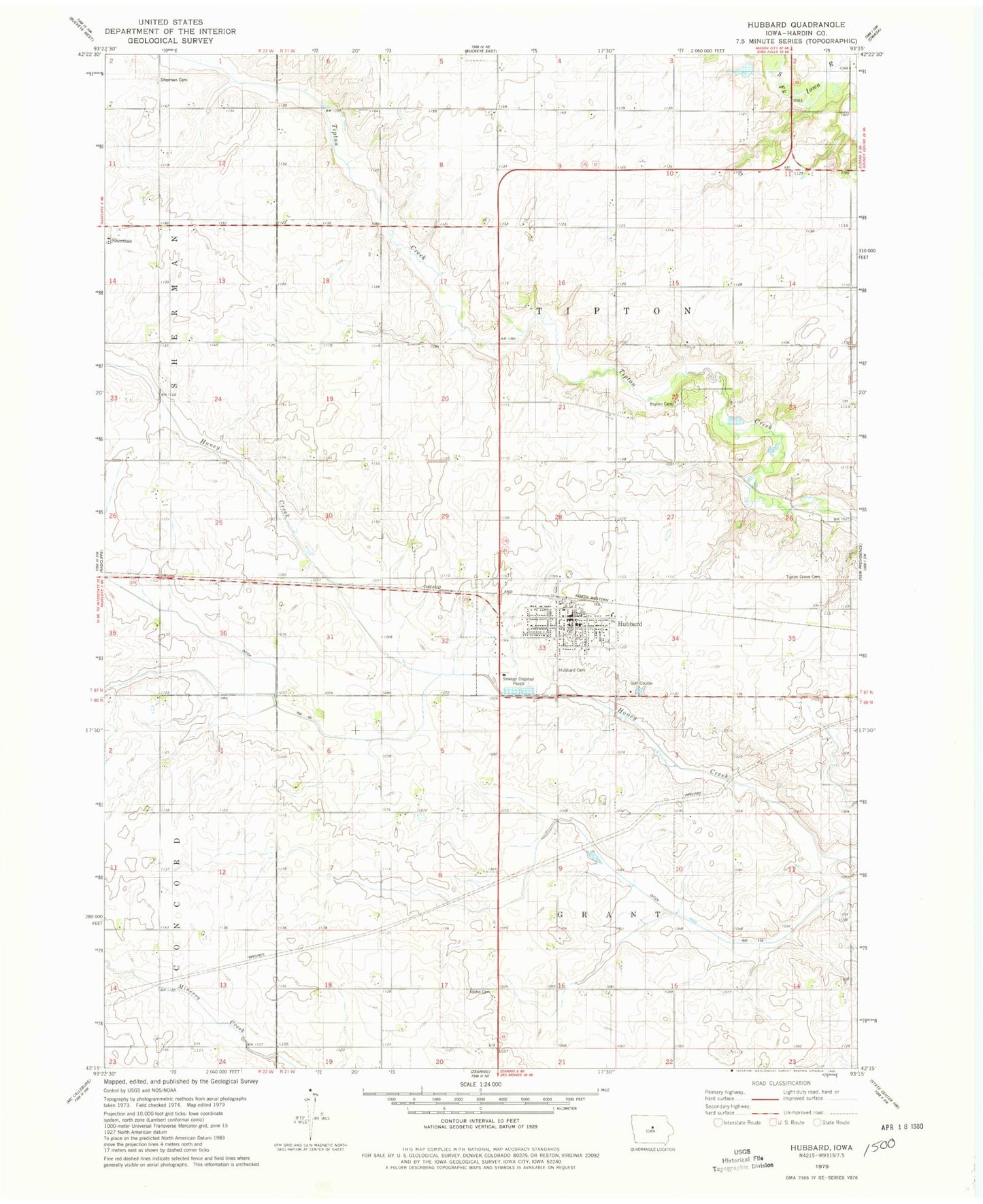Classic USGS Hubbard Iowa 7.5'x7.5' Topo Map Image
